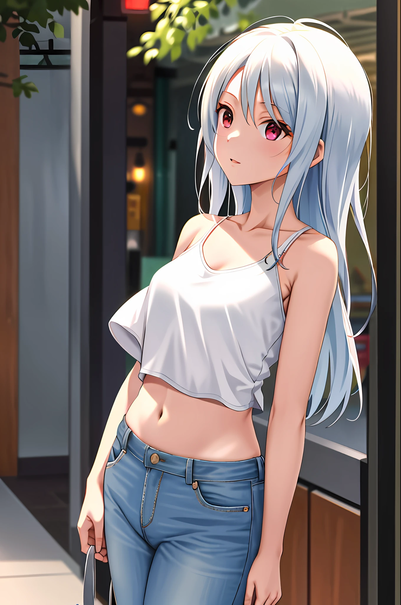 masterpiece, best quality, highres, ym1, street, white camisole, jeans, midriff, bare shoulders,