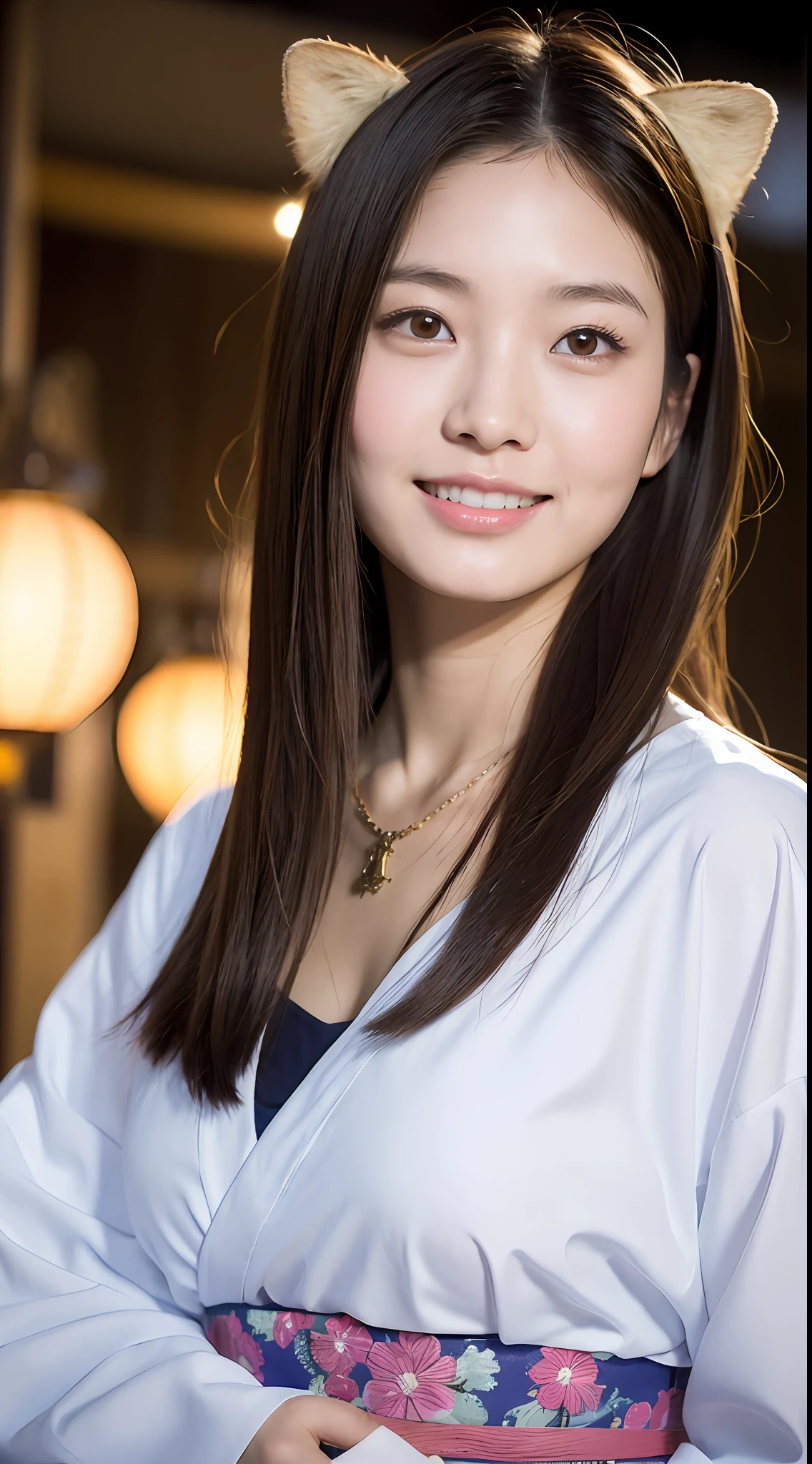 18 year old girl with perfect face and big breasts, Japan festival, night, lanterns, yukata, left hand on cheek, cute pose, fox mask on head, smile, profile, viewer's gaze, slim and slender physique. The skin has detailed, very detailed eyes (1.1 emphasis), very detailed skin texture (1.1 emphasis). slender necklace, model photography style, photorealistic,
The skin texture is the actual human skin texture, detailed skin pores, intricate details, eyes are very detailed,