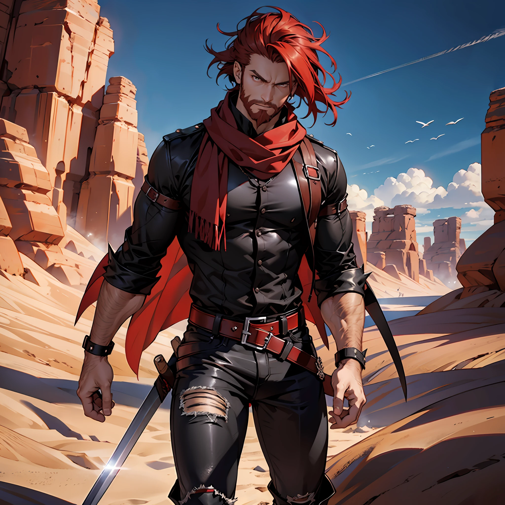 Redhead, black jacket, black jeans, red dress blouse, beard, brown eyes, light red hair, straight spiky hair, black boots, brown scarf, sword in the scabbard stuck at the waist, serious look, muscular man, developed physique, desert scenery.