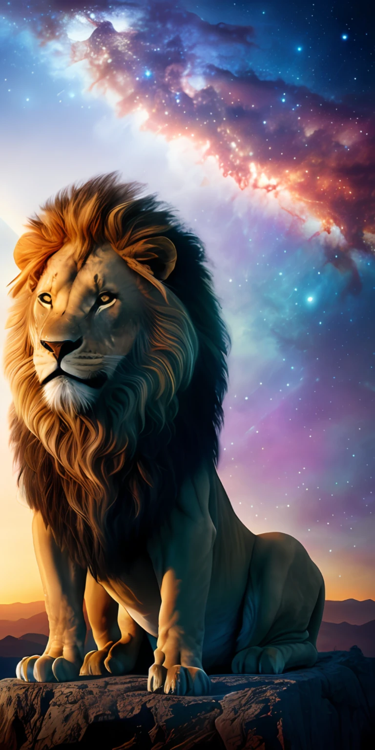 Photograph taken from afar of a humanoid lion in full king's outfit sitting on the throne, with background nebula ((best anatomy)) hyperrealism, realism, proportional, total quality, stylized