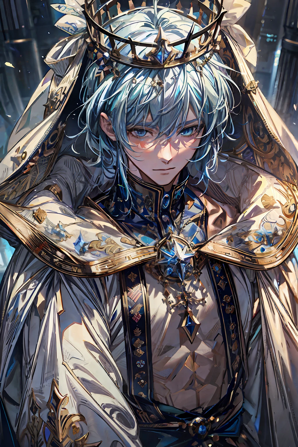 anime character with blue hair wearing a crown and a gold crown, detailed digital anime art, trending on artstation pixiv, detailed anime character art, white haired deity, handsome guy in demon slayer art, tall anime guy with blue eyes, detailed key anime art, 4 k manga wallpaper, highly detailed exquisite fanart, detailed fanart, anime art wallpaper 8 k, detailed anime art