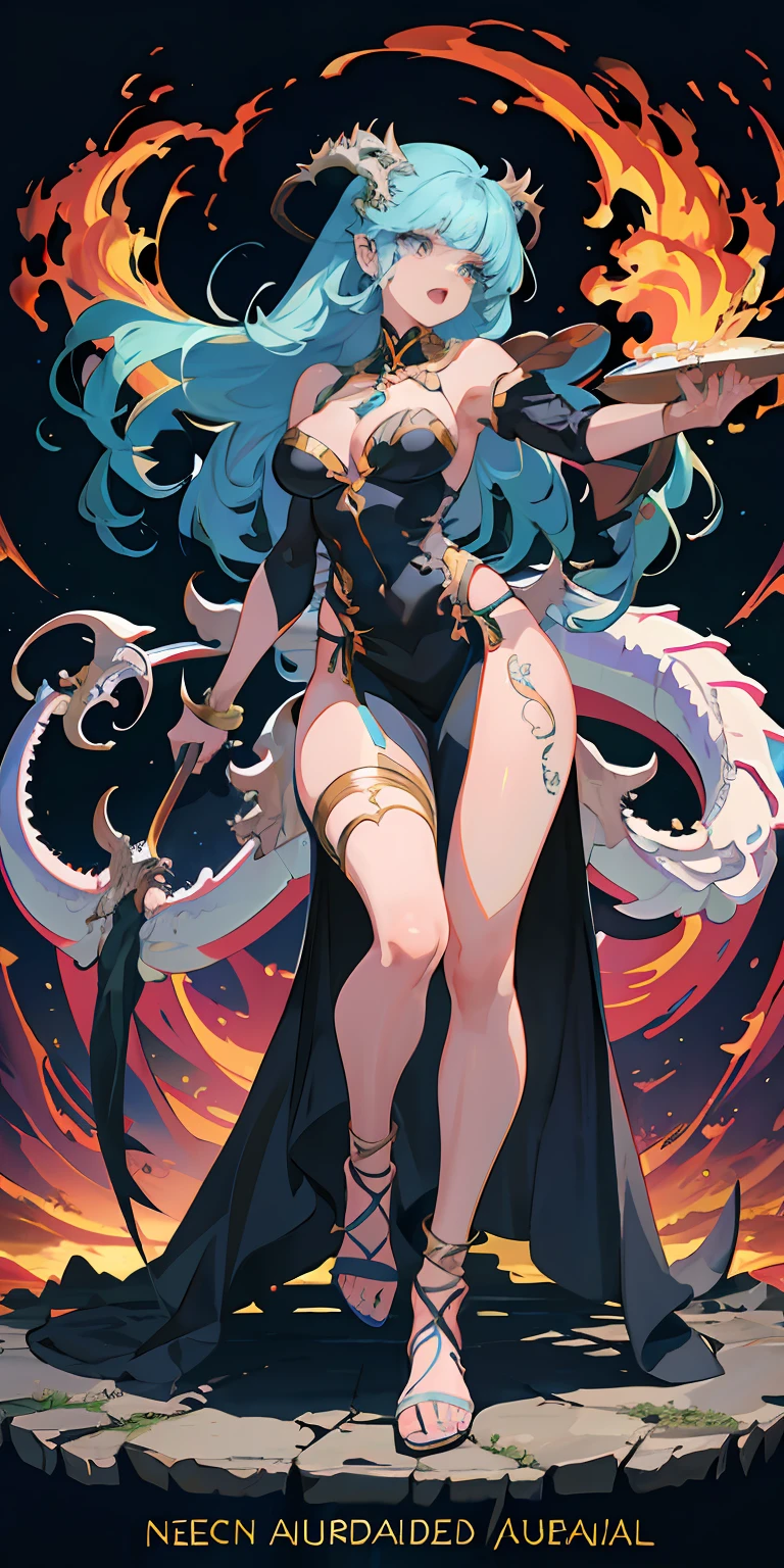 :: Joe Madureira Style :: Beautiful woman perfect and detailed and beautiful, super detailed dress with dragon print tattoo style, furious screaming, ultra detailed anime style gacha, clothes with dragon drawings, in various full-body attack poses and with immersive effects, hover effect, graphite style background with vibrant colors "Ultra HDR" detailed and with focus effect,  with fixed black thin high heels (masterpiece: 1.2, best quality), (finely detailed beautiful eyes: