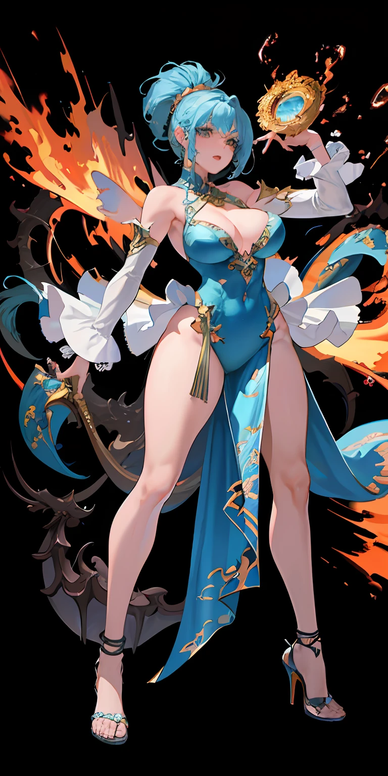 :: Joe Madureira Style :: Beautiful woman perfect and detailed and beautiful, super detailed dress with dragon print tattoo style, furious screaming, ultra detailed anime style gacha, clothes with dragon drawings, in various full-body attack poses and with immersive effects, hover effect, graphite style background with vibrant colors "Ultra HDR" detailed and with focus effect, with fixed black thin high heels (masterpiece: 1.2, best quality), (finely detailed beautiful eyes: