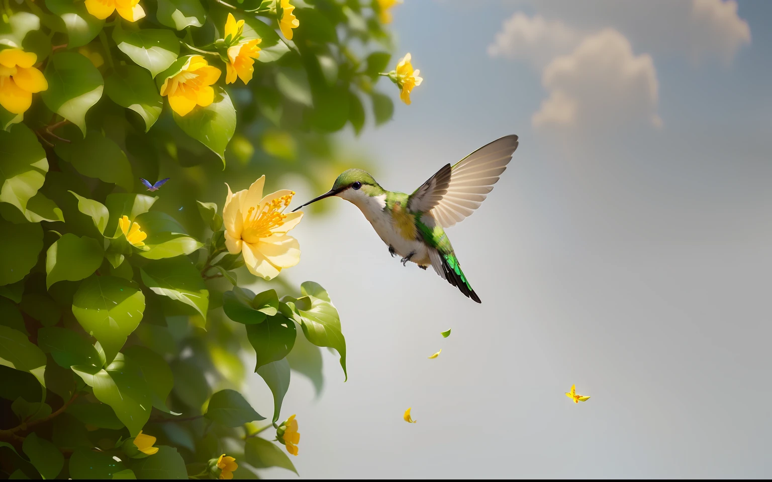 There's a hummingbird flying over a bush with yellow flowers, hummingbirds, hummingbirds, hovering, filmed with a DSLR, !! Natural beauty!!, hovering in the air, filmed with Canon 5 D Mark II, filmed on Sony Alpha DSLR-A300, by Dave Melvin, having a snack, chin smooth, beautiful and graceful, Masterpiece, best quality, (very detailed CG unit 8k wallpaper) (best quality), (best illustration), (best shadows) Nature', blue sea, delicate petal leaves of various colors falling in the light of the air Tracking, super detailed --auto