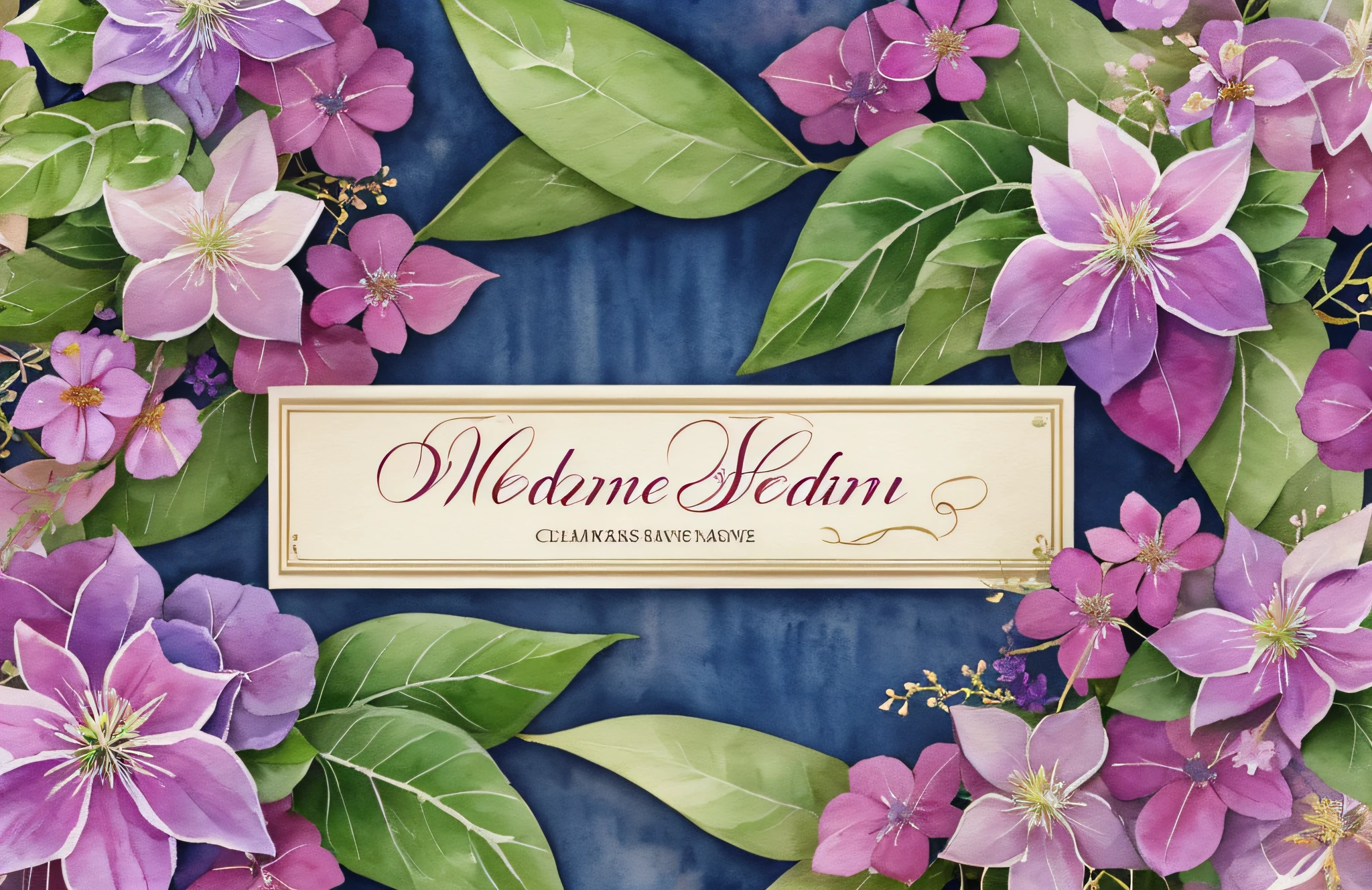Wedding card background. Welcome board. Flowers and leaves painted in clematis watercolor on the left and right. Ribbon. Botanical imagery. --auto --s2