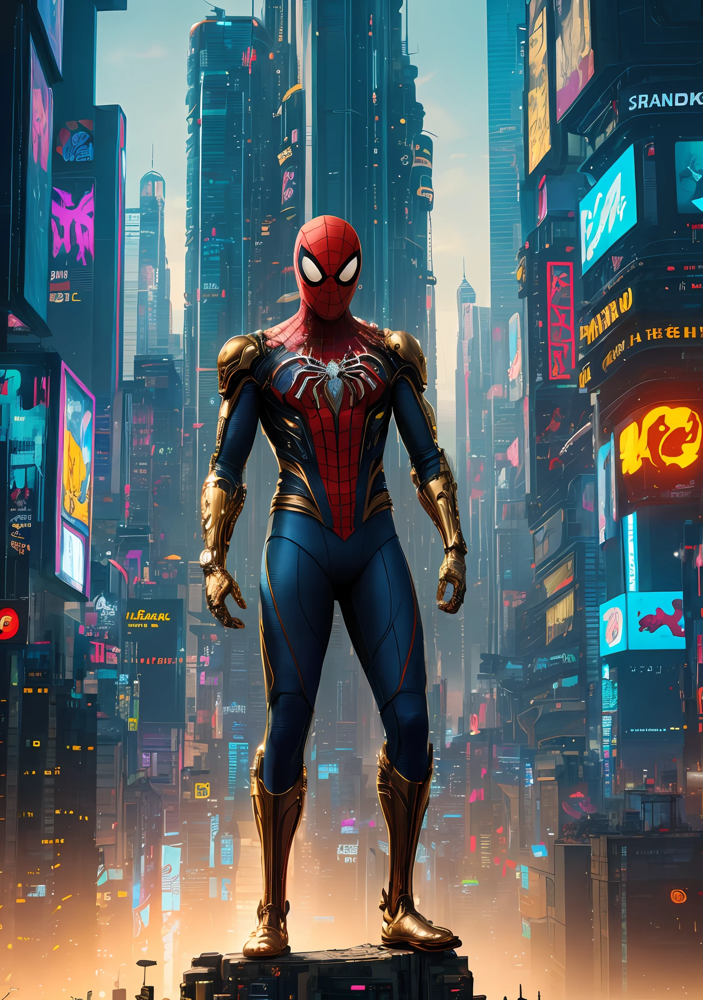 Best quality, (Masterpiece:1.5), 8k, UHD, (Highly detailed digital illustration:1.3), A (full body:1.3) shot at 8k resolution, splash art, fantastic comic book style, photorealistic, happy look, anatomical photorealistic digital Art of (("Cyberpunk Spider-Man wearing golden cybernetic suit in a cyberpunk cityscape shooting webs")), (cyberpunk cityscape background:1.5), highly detailed background, light particle, very detailed skin, very detailed eyes, sharp focus, concept artist, global illumination, depth of field, splash art, rich colors hyper realistic lifelike texture dramatic lighting unrealengine trending on artstation cinestill 800, trending on DeviantArt.