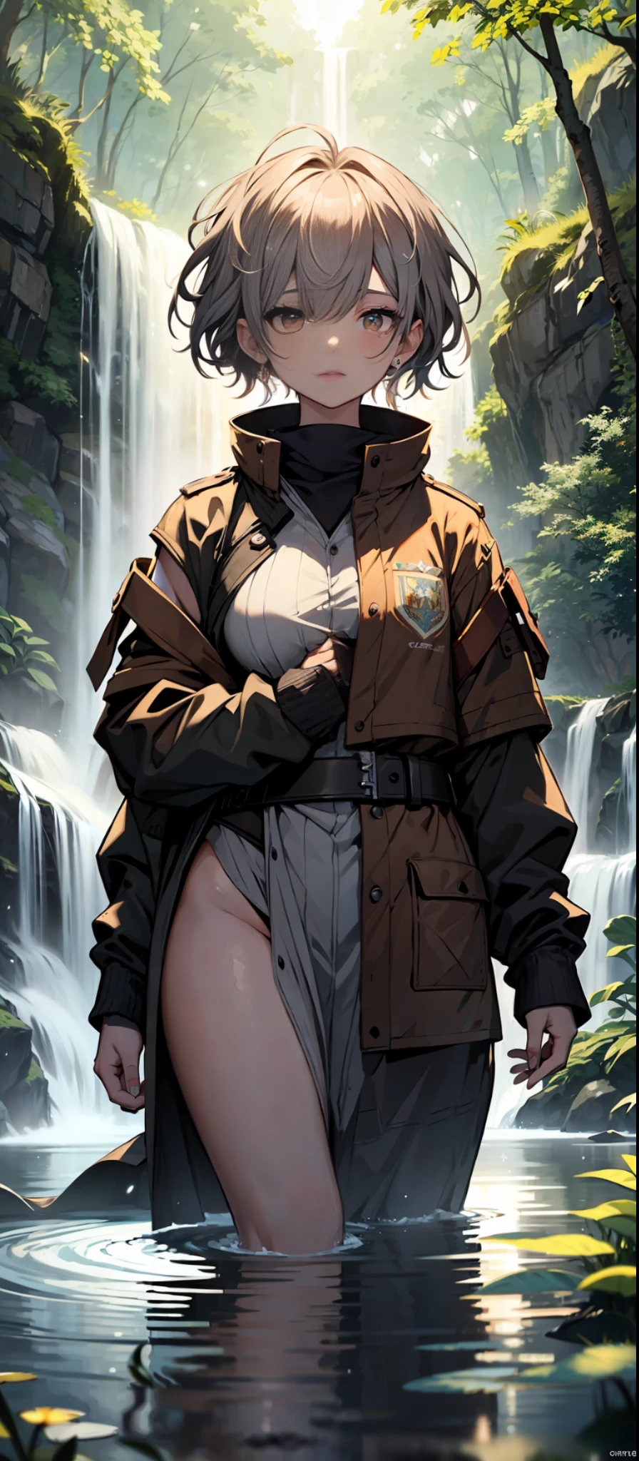 In the pond below the waterfall, 1 beautiful girl, short hair with long locks, standing, (broken) ((JK uniform)), drenched, drenched, curvaceous, various poses, {{illustration}}, {extremely delicate and beautiful}, {delicate makeup}, ultra-detailed, delicate glowing eyes, {{cinematic light}}, high quality, masterpiece, forest, waterfall, pond, delicate facial features, delicate hair portrayal, delicate eye portrayal, masterpiece , highest quality, ray tracing, extremely detailed CG unity 8k, wallpaper, masterpiece, half body, upper body