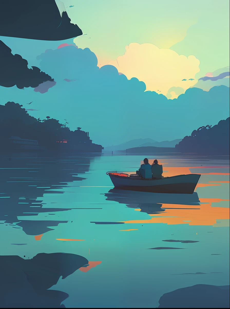 there is a boat that is floating in the water at sunset, in style of atey ghailan, atey ghailan 8 k, by Alena Aenami, by Atey Ghailan, art of alena aenami, by sylvain sarrailh, inspired by Atey Ghailan, style of alena aenami, artistic. alena aenami