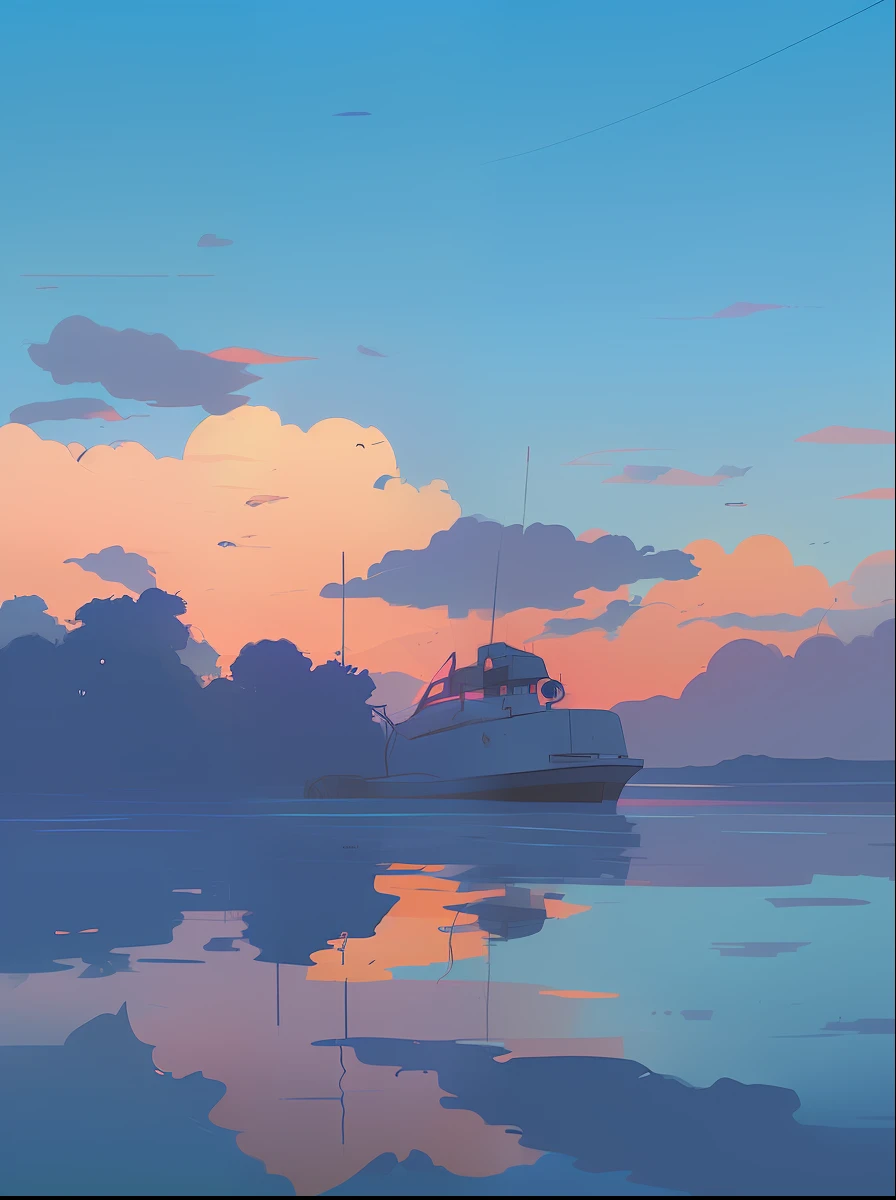 there is a boat that is floating in the water at sunset, in style of atey ghailan, atey ghailan 8 k, by Alena Aenami, by Atey Ghailan, art of alena aenami, by sylvain sarrailh, inspired by Atey Ghailan, style of alena aenami, artistic. alena aenami