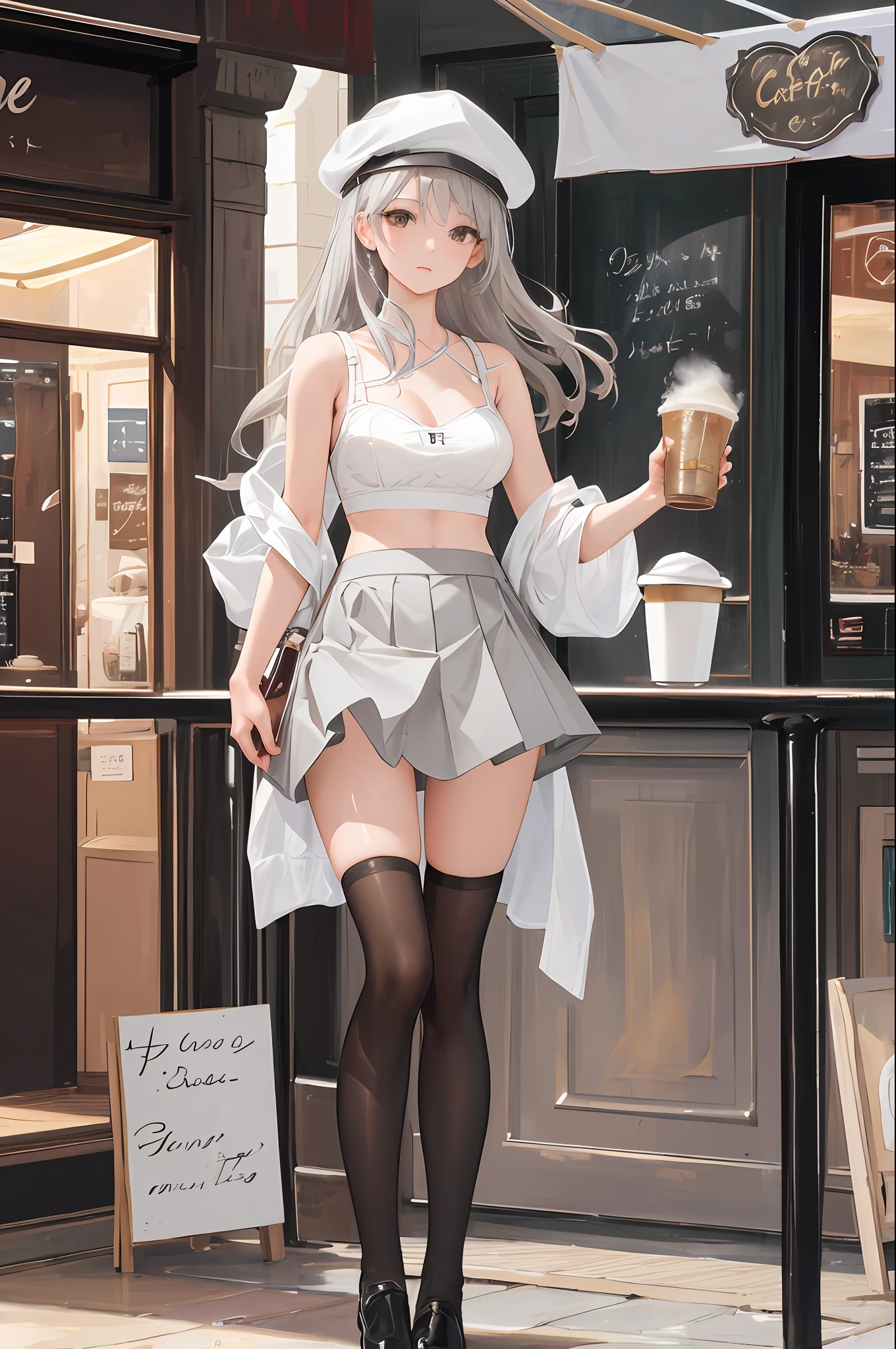 masterpiece, high quality, best quality, beautiful, hd, perfect lighting, detailed face, detailed body, 1 girl, solo, (long gray hair), brown eyes, medium breasts, ((white underwear)), ((short gray skirt)), (gray hat), in front of a cafe,