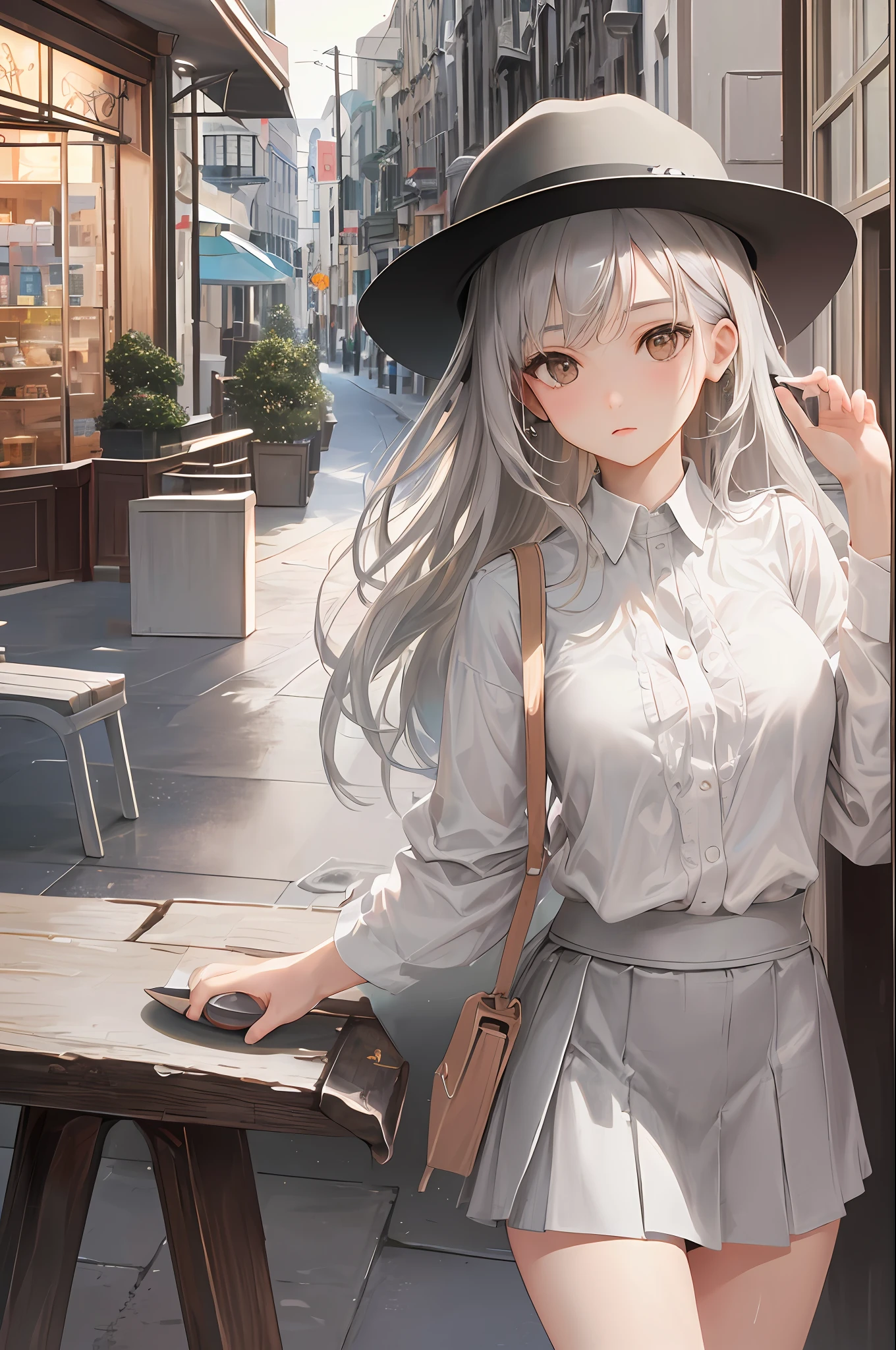 masterpiece, high quality, best quality, beautiful, hd, perfect lighting, detailed face, detailed body, 1 girl, solo, (long gray hair), brown eyes, medium breasts, ((white underwear)), ((short gray skirt)), (gray hat), in front of a cafe,