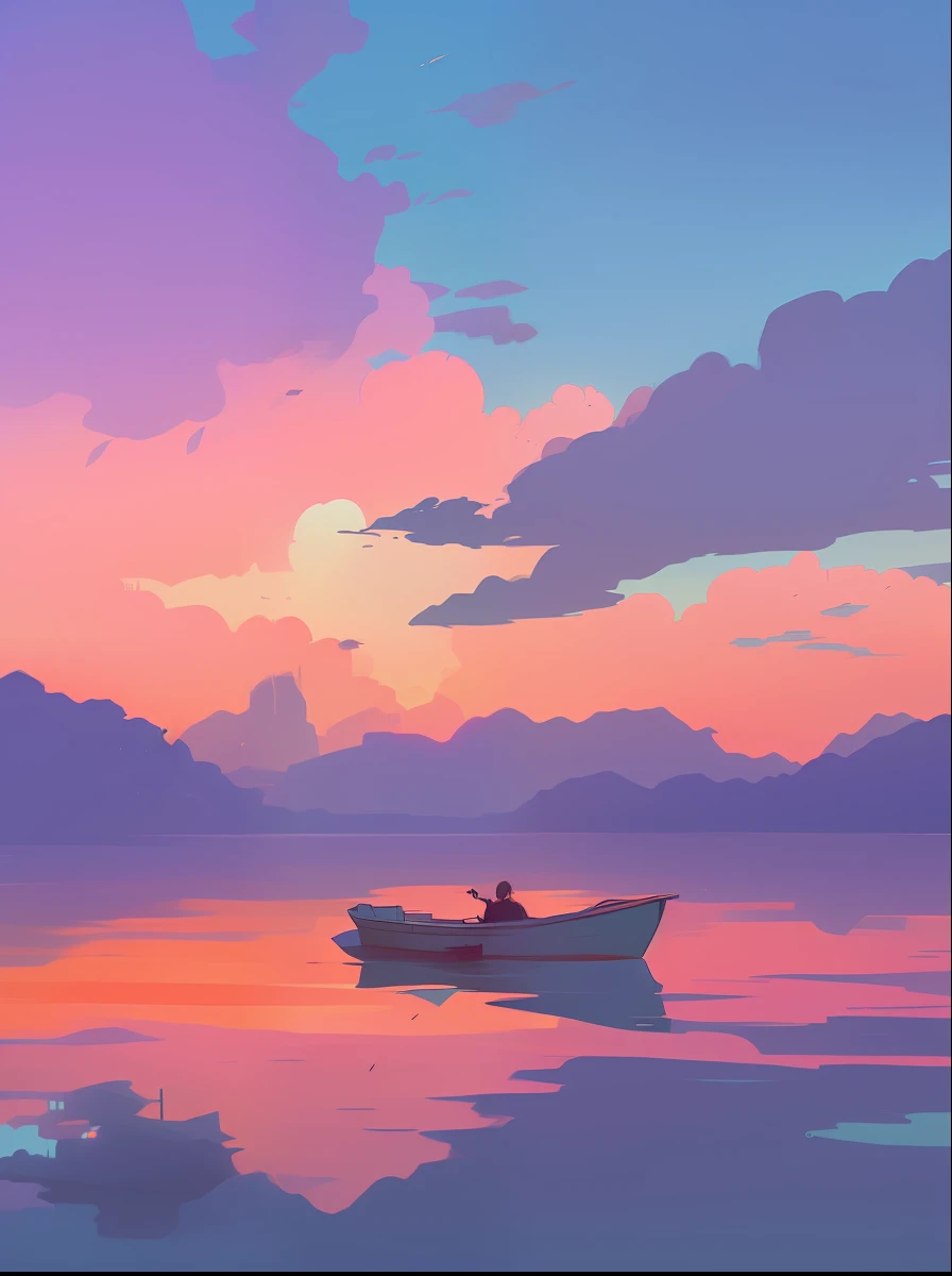 there is a boat that is floating in the water at sunset, in style of atey ghailan, atey ghailan 8 k, by Alena Aenami, by Atey Ghailan, art of alena aenami, by sylvain sarrailh, inspired by Atey Ghailan, style of alena aenami, artistic. alena aenami