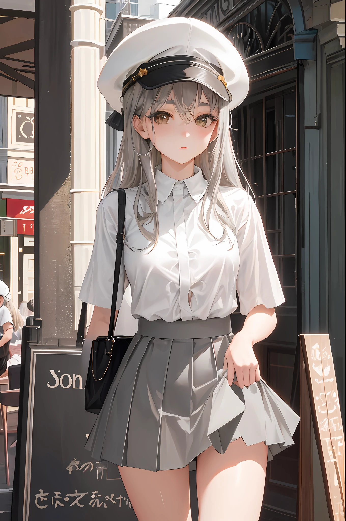 masterpiece, high quality, best quality, beautiful, hd, perfect lighting, detailed face, detailed body, 1 girl, solo, (long gray hair), brown eyes, medium breasts, ((white underwear)), ((short gray skirt)), (gray hat), in front of a cafe,