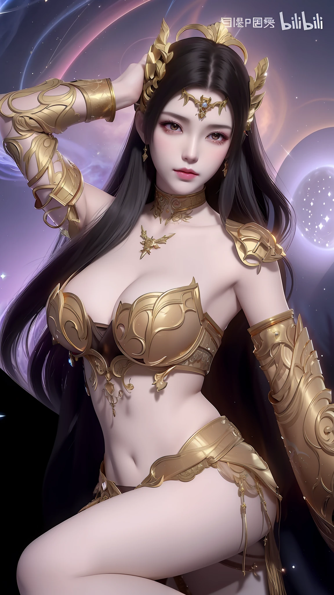 a close up of a woman in a gold outfit posing for a picture, a beautiful fantasy empress, anime goddess, goddess. extremely high detail, beautiful celestial mage, fantasy woman, portrait knights of zodiac girl, extremely detailed goddess shot, ((a beautiful fantasy empress)), cyborg goddess in cosmos, knights of zodiac girl, goddess of space and time