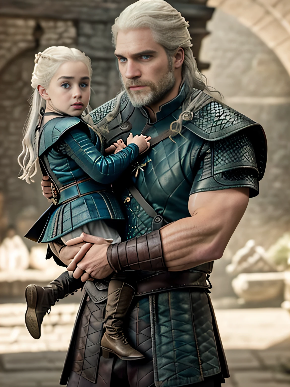 raw fullbody ((family photo of beautiful, 1girl, [daenerys targaryen|Emilia Clarke], (1man, Henry Cavill as Geralt de Rivia The Witcher), playing with their ((5 year old daughter)))), medieval clothing,((full body shot)), realistic proportions, realistic pupils, ((3 member family portrait)) limited palette, highres, cinematic lighting, 8k resolution, front lit, sunrise, RAW photo, Nikon 85mm, Award Winning, Glamour Photograph, extremely detailed, beautiful Ukrainian, mind-bending, Noth-Yidik, raw fullbody photo of Daenerys Targaryen and Geralt de Rivia The Witcher with 5 year old daughter, highly detailed, artstation, smooth, sharp focus, 8K,, trending on instagram, trending on tumblr, hdr 4k, 8k