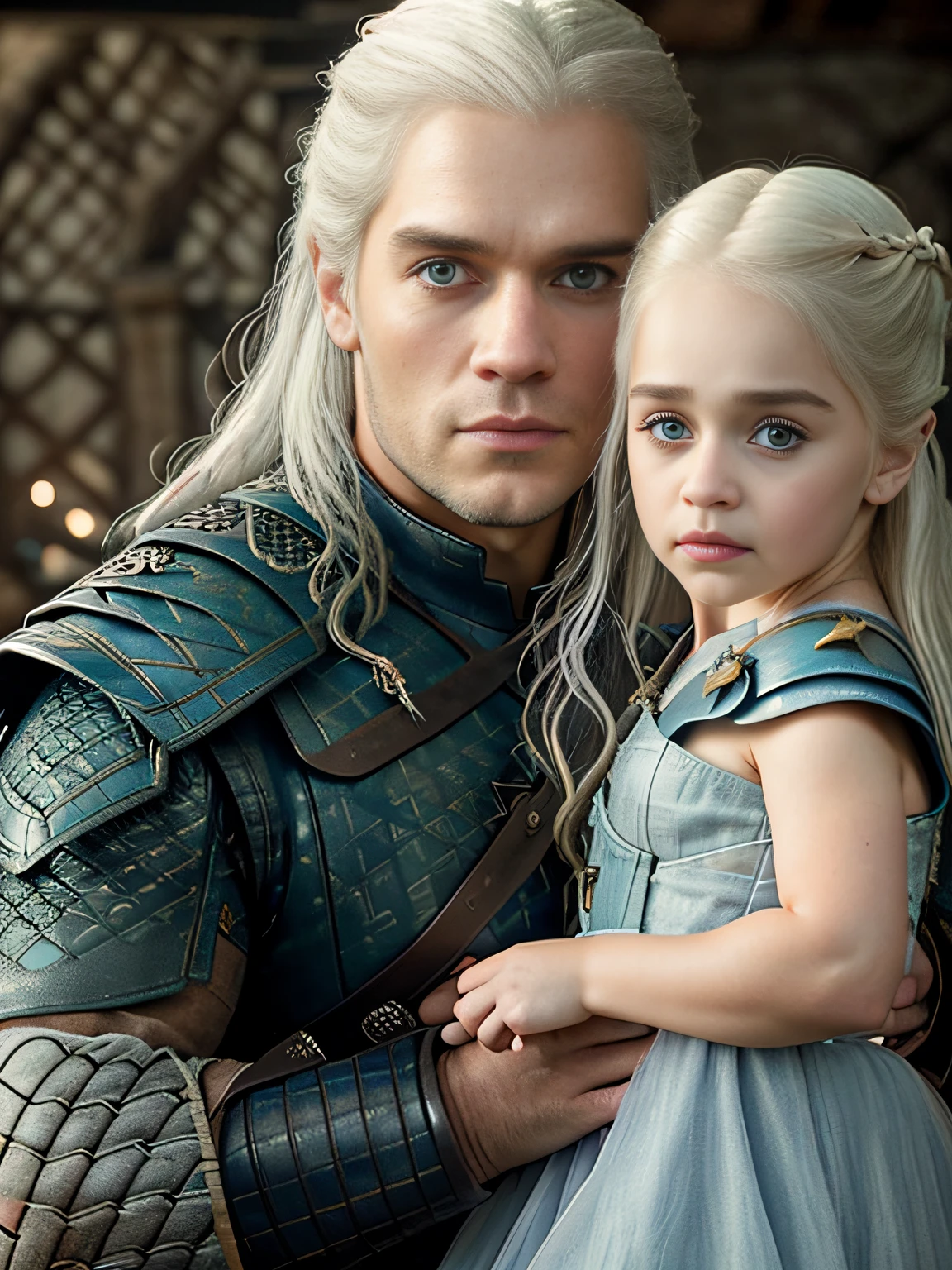 raw fullbody ((family photo of beautiful, 1girl, [daenerys targaryen|Emilia Clarke], (1man, Henry Cavill as Geralt de Rivia The Witcher), playing with their ((5  daughter)))), medieval clothing,((full body shot)), realistic proportions, realistic pupils, ((3 member family portrait)) limited palette, highres, cinematic lighting, 8k resolution, front lit, sunrise, RAW photo, Nikon 85mm, Award Winning, Glamour Photograph, extremely detailed, beautiful Ukrainian, mind-bending, Noth-Yidik, raw fullbody photo of Daenerys Targaryen and Geralt de Rivia The Witcher with 5 year oldr, highly detailed, artstation, smooth, sharp focus, 8K,, trending on instagram, trending on tumblr, hdr 4k, 8k