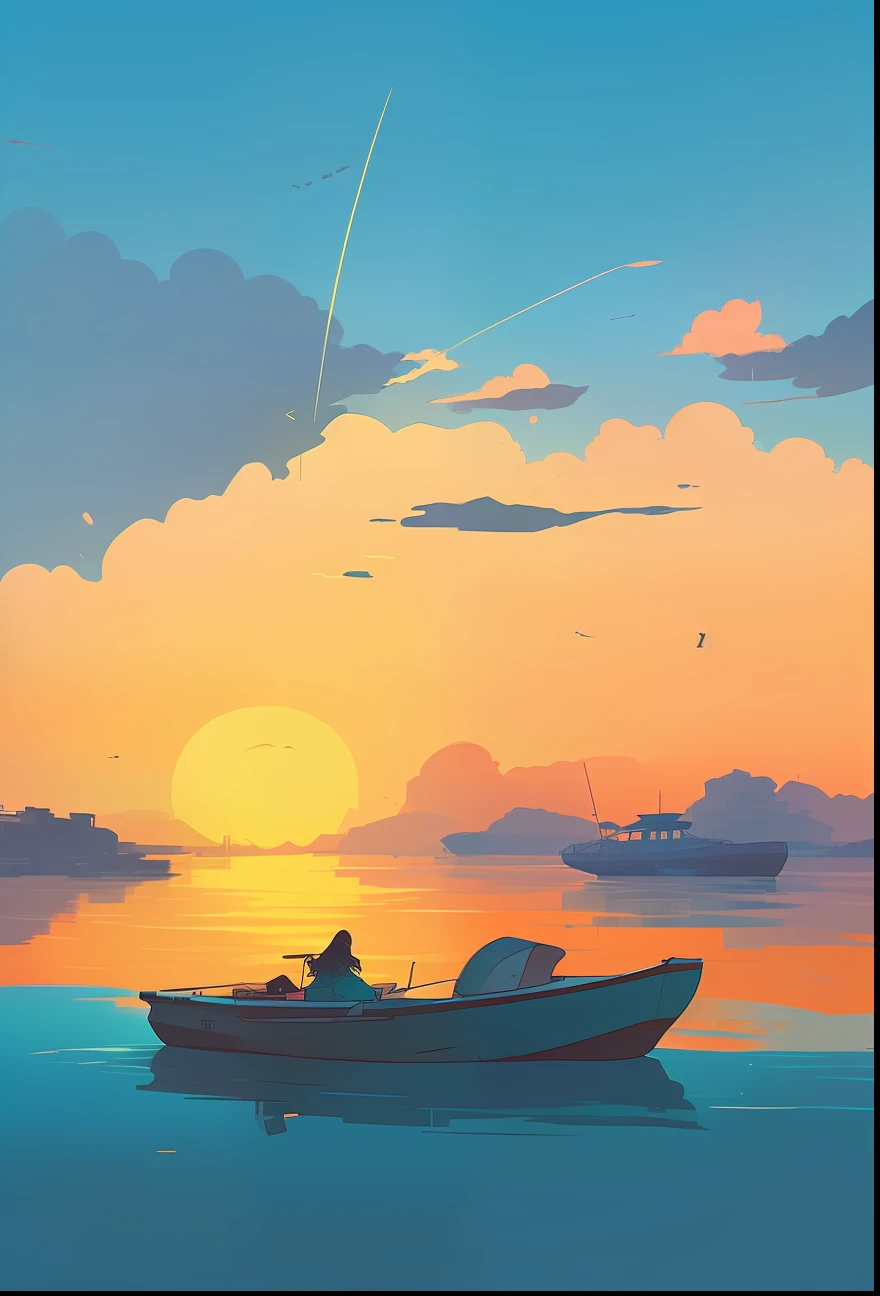 there is a boat that is floating in the water at sunset, in style of atey ghailan, atey ghailan 8 k, by Alena Aenami, by Atey Ghailan, art of alena aenami, by sylvain sarrailh, inspired by Atey Ghailan, style of alena aenami, artistic. alena aenami