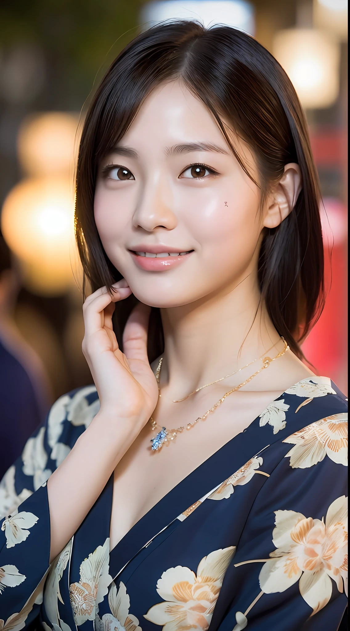 18 year old girl with perfect face and big breasts, Japan festival, night, fireworks, lanterns, yukata, left hand on cheek, cute pose, smile, profile, viewer's gaze, slim and slender physique. The skin has detailed, very detailed eyes (1.1 emphasis), very detailed skin texture (1.1 emphasis). slender necklace, model photography style, photorealistic,
The skin texture is the actual human skin texture, detailed skin pores, intricate details, eyes are very detailed,