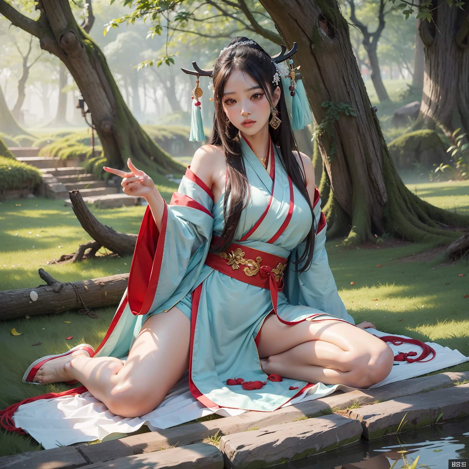Hanfu, 8K image resolution, sexy beautiful legs and jade feet, complex background, extreme beauty, fair skin, plump, exposed feet, characters sitting statically,