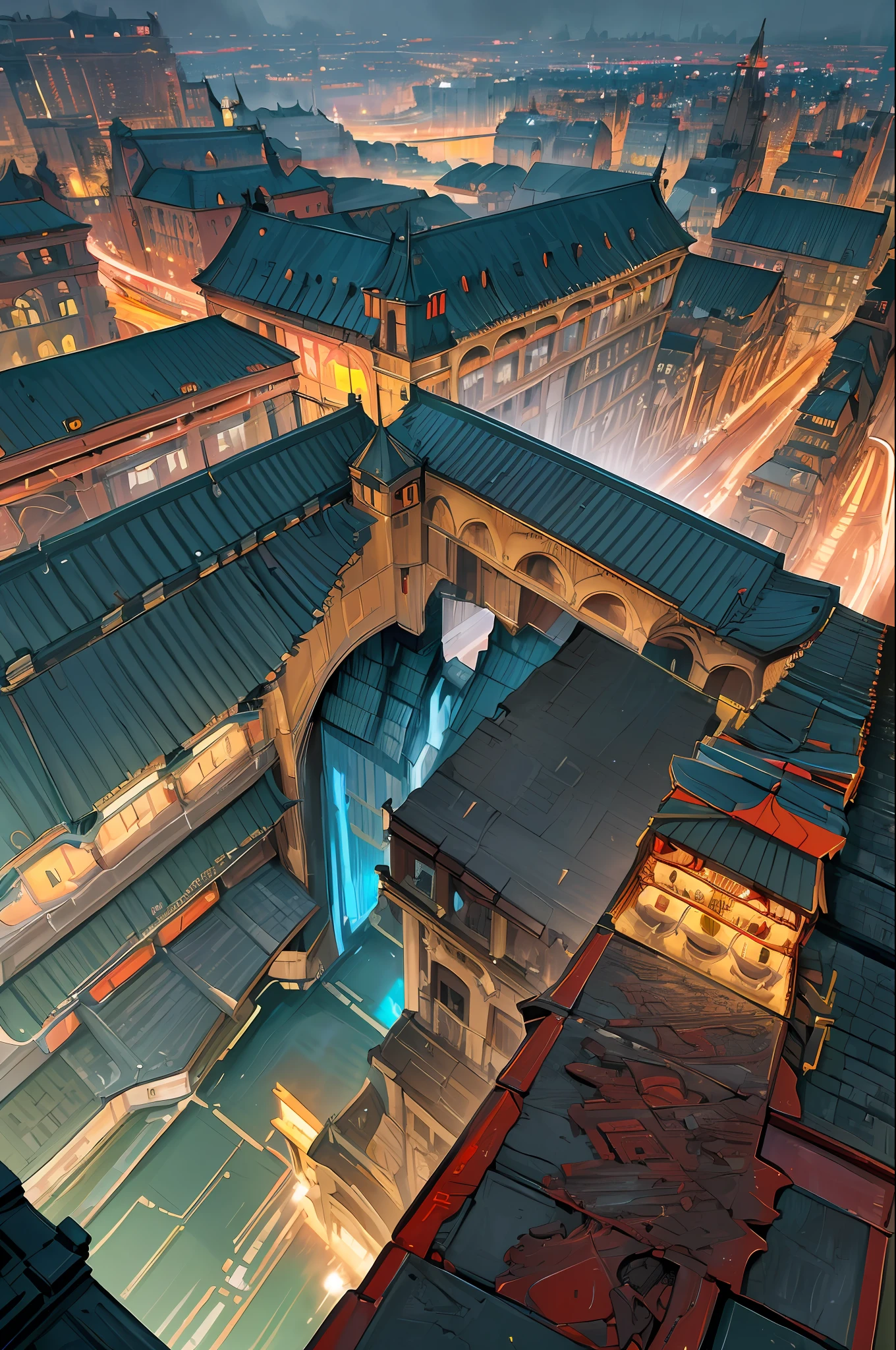 ((masterpiece)),((best quality)),((high detail)),((realistic,)) Futuristic era city, deep gorges in the middle, architectural streets, bazaars, bridges, cyberpunk, european architecture, rainy night, neon, panoramic view, view from above of various buildings, christmas time