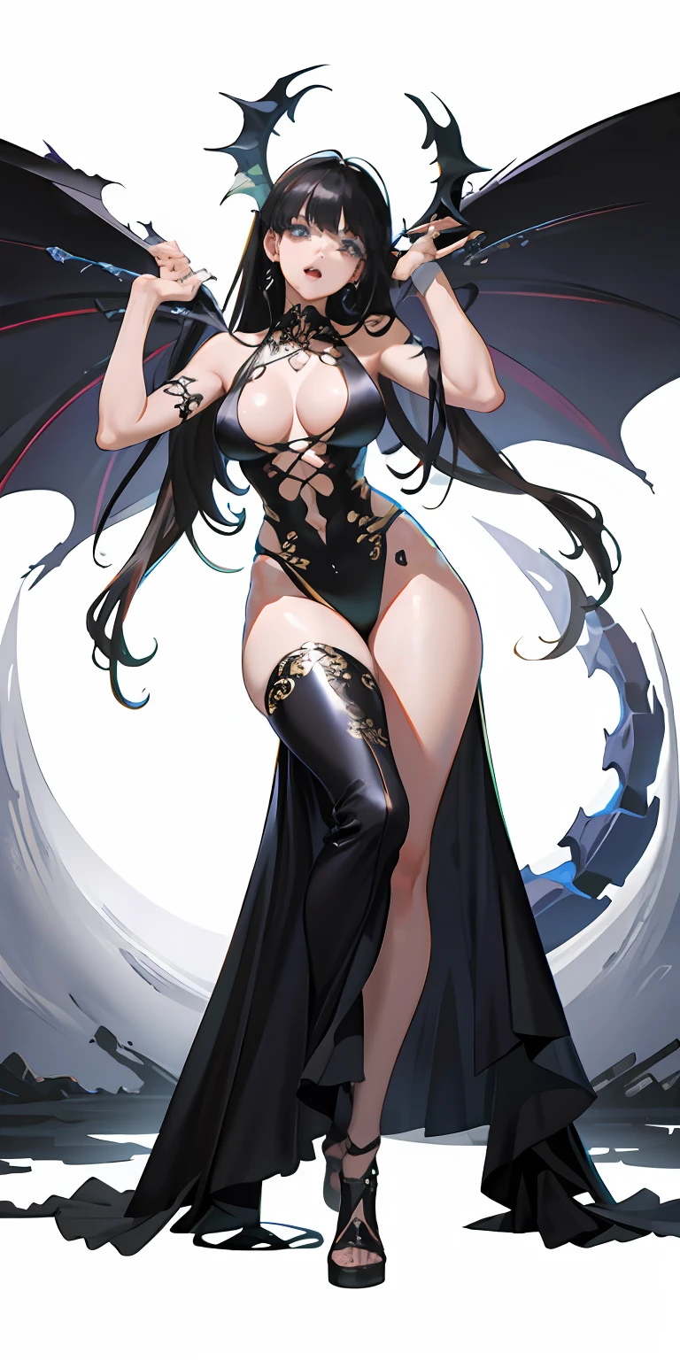 :: Joe Madureira Style :: Perfect beautiful woman and detailed and beautiful, super detailed black and white silk dress with dragon print tattoo style, furious screaming, ultra detailed anime style, clothes with high detail, in various full-body attack poses and with immersive effects, hover effect, graphite style background with vibrant colors "ultra HDR" detailed and with focus effect, with fixed black thin high heels (masterpiece: 1.2, best quality), (finely detailed beautiful eyes: