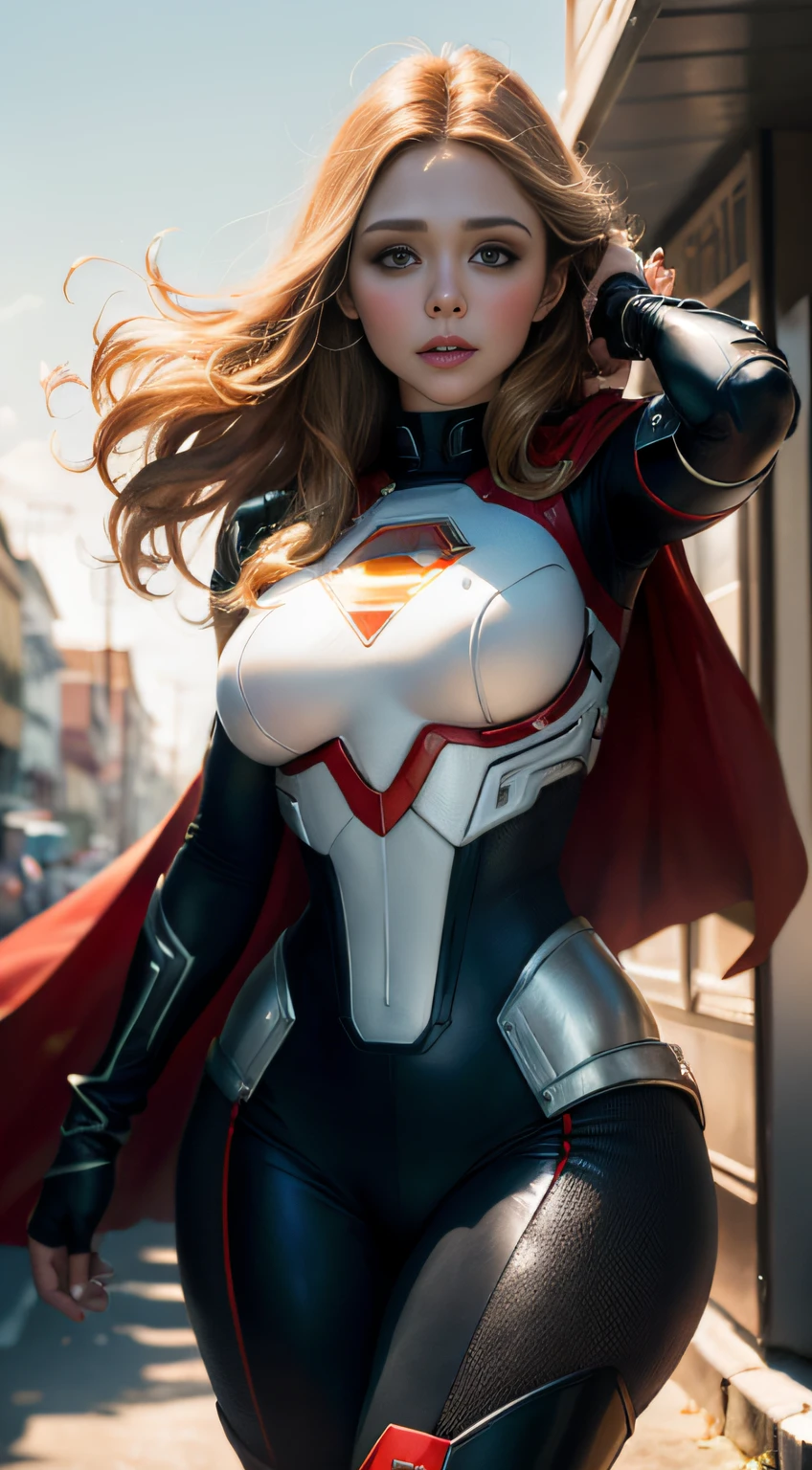 Elizabeth Olsen as Superman, Bustling Street, (inspired by Mass Effect), Superman suit, safety rating, breast enlargement, fat buttocks, leather pants wrapped around hips (8k, foto raw, fotorrealista: 1, 25), (muito brilho labial, muitos cílios, melhor qualidade, ultra alta resolução, profundidade de Campo, Aberração Cromática, Luz Ampla, Cor Natural, distant images (1:2)