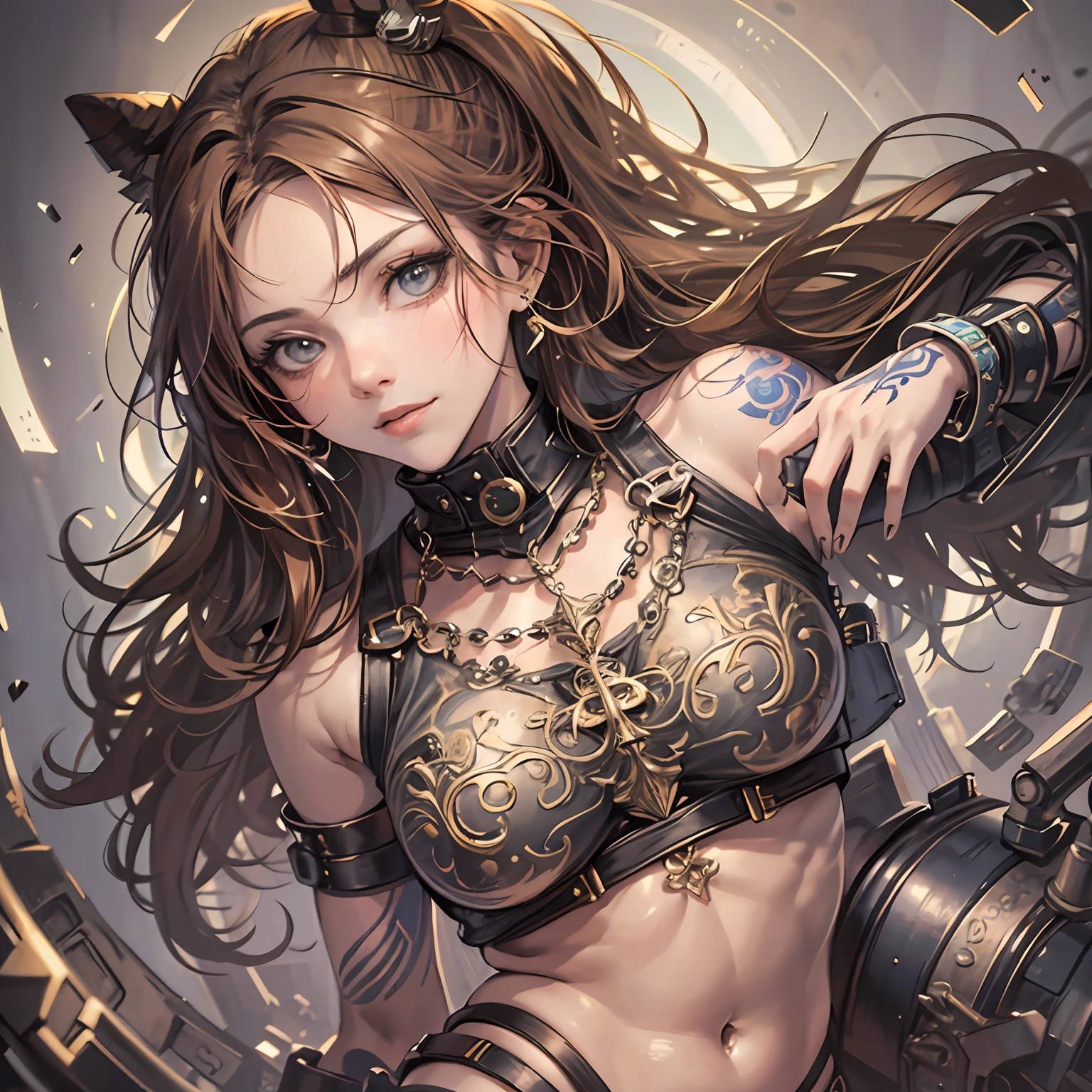 Art anime style, view from front, the most gorgeous and bewitching perfect athletic greek female in non undeclothes and roman jewelry, midriff, charming pose, looking at viewer with bewitching gentle smile, confident, fierce, amazing features,tattoed arm, perfect young athletic and fit feminine body, dramatic contrast, Rembrandt lighting, long brown hair, tattoed right arm --auto --s2