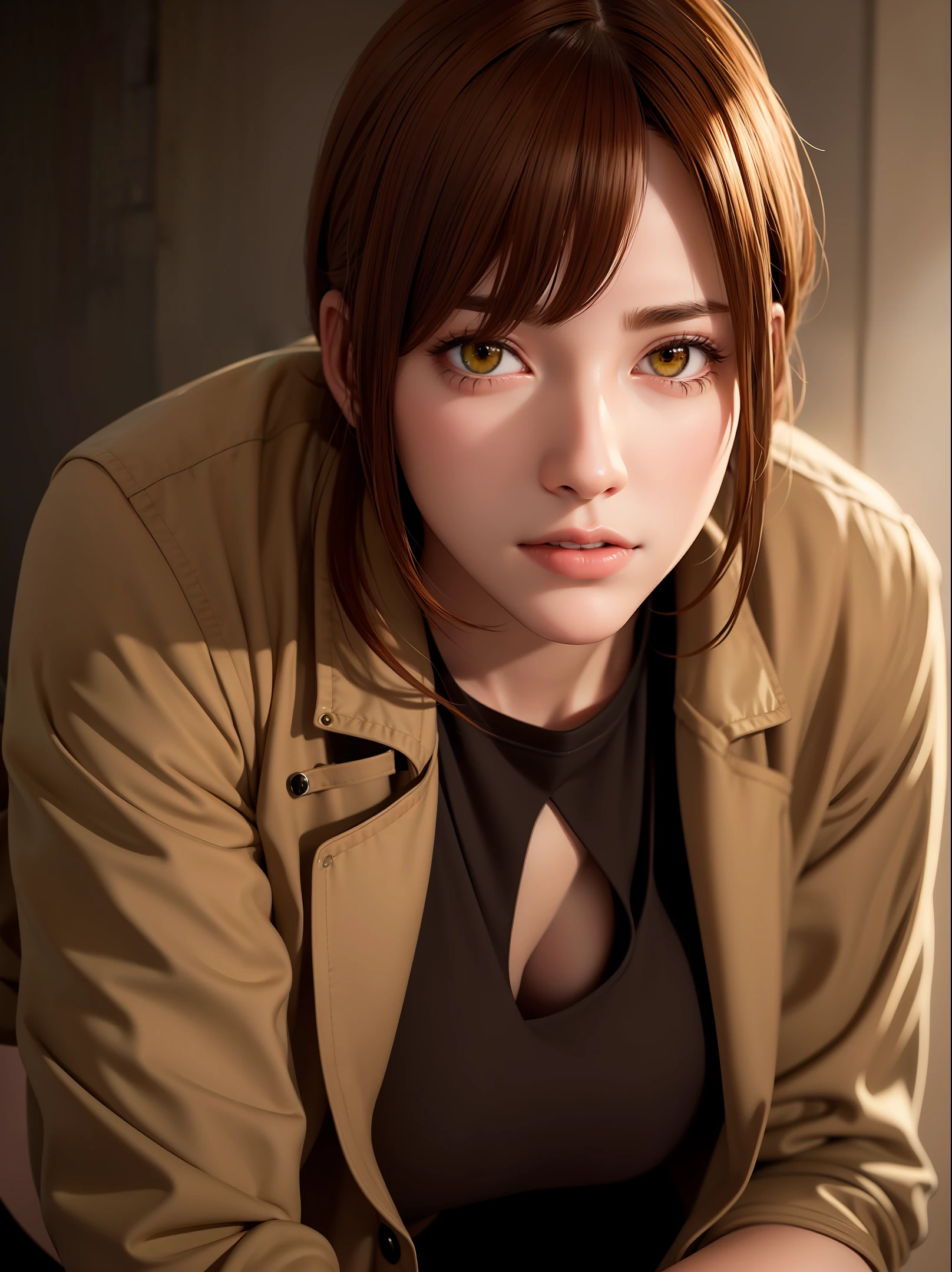 Young woman 20 years old, wearing a brown jacket, white neckline shirt, resident evil style, yellow eyes, realistic style, 8k, brown skin, light red hair