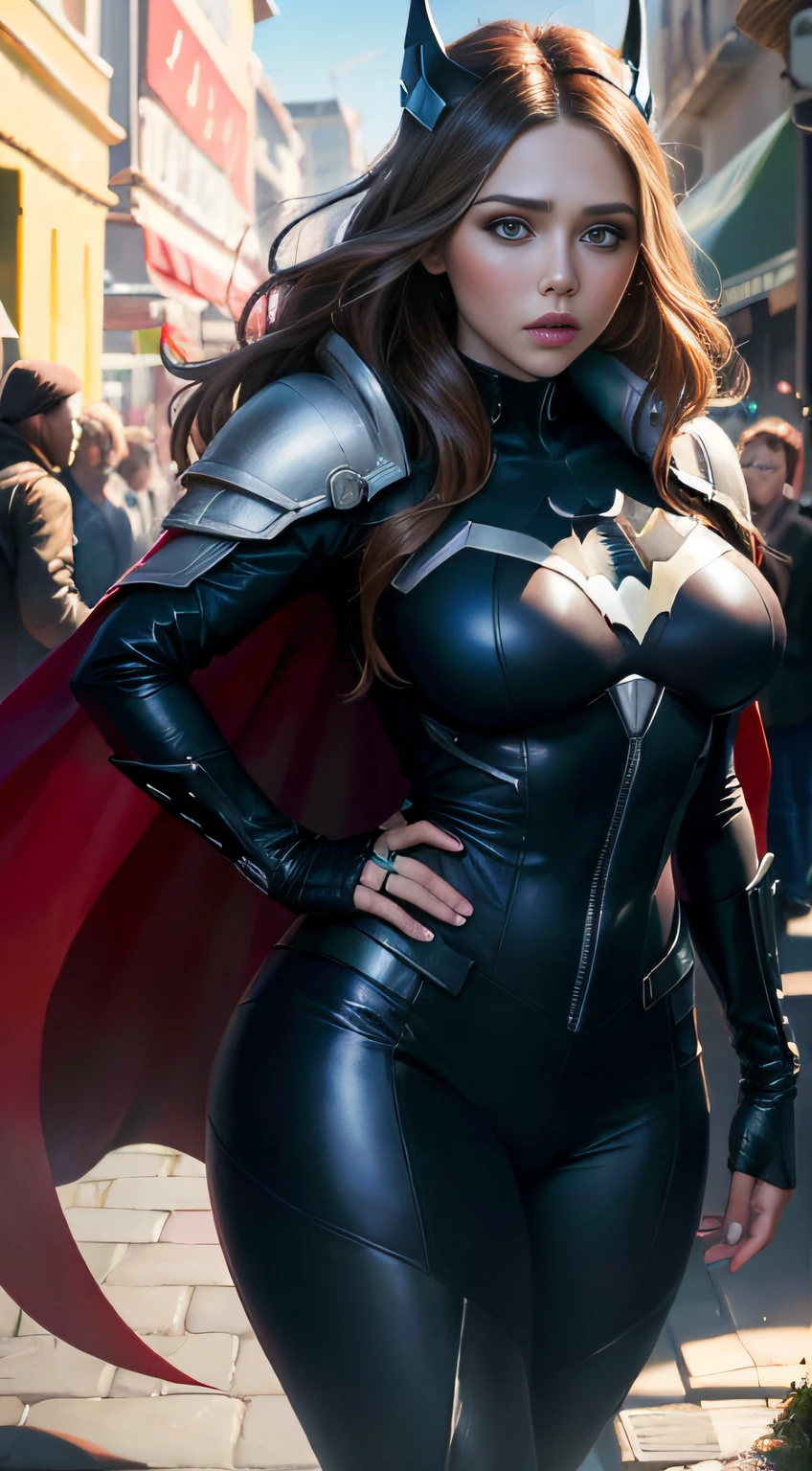 Elizabeth Olsen as Batman, bustling street, (inspired by Mass Effect), Batman suit, safety rating, breast enlargement, fat buttocks, leather pants wrapped around hips (8k, foto raw, fotorrealista: 1, 25), (muito brilho labial, muitos cílios, melhor qualidade, ultra alta resolução, profundidade de Campo, Aberração Cromática, Luz Ampla, Cor Natural, distant images (1:2)