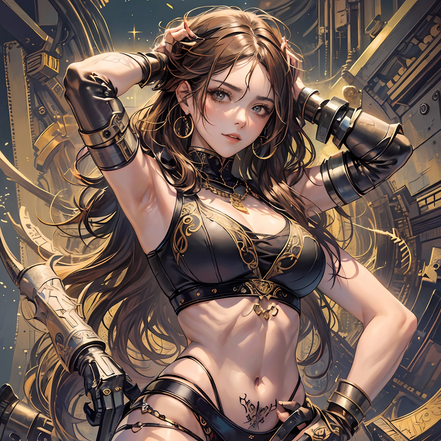 Art anime style, view from front, the most gorgeous and bewitching perfect athletic greek female in non undeclothes and roman jewelry, midriff, charming pose, looking at viewer with bewitching gentle smile, confident, fierce, amazing features,tattoed arm, perfect young athletic and fit feminine body, dramatic contrast, Rembrandt lighting, long brown hair, tattoed right arm --auto --s2