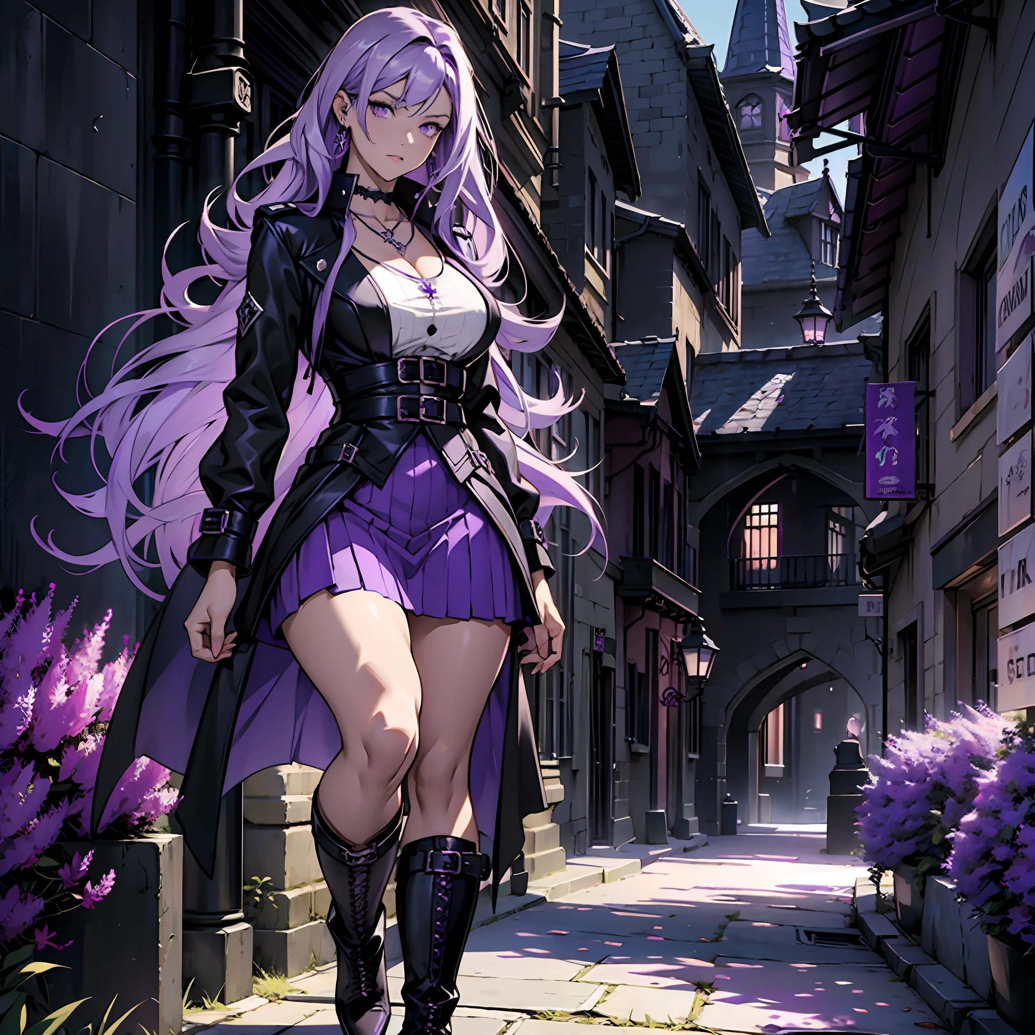 Long purple hair, gothic clothing, black jacket, lilac blouse, large breasts, thin waist, thick legs, purple colored women's boots, silver necklace, purple colored eyes, blue skirt, dark night scenery.