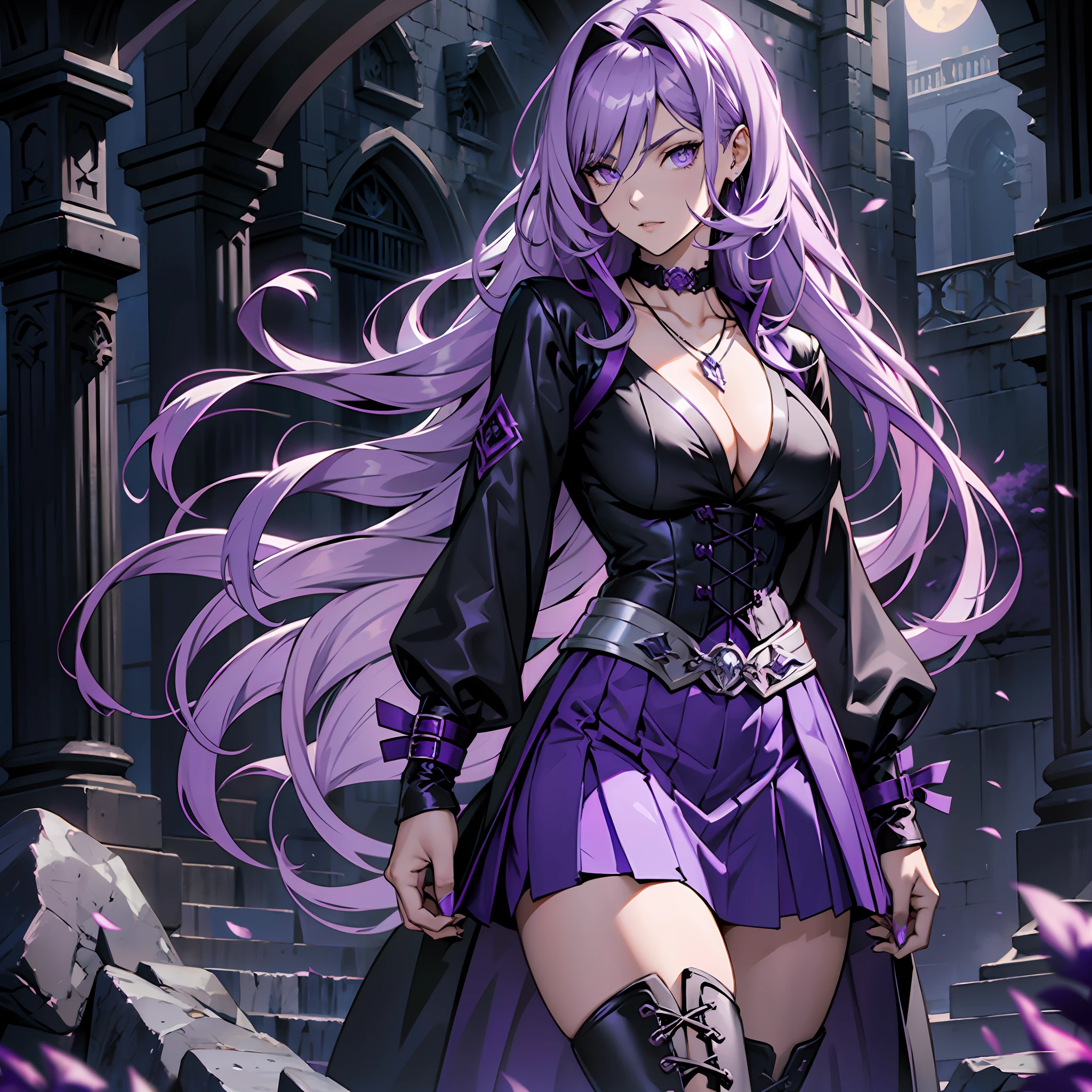 Long purple hair, gothic clothing, black jacket, lilac blouse, large breasts, thin waist, thick legs, purple colored women's boots, silver necklace, purple colored eyes, blue skirt, dark night scenery.