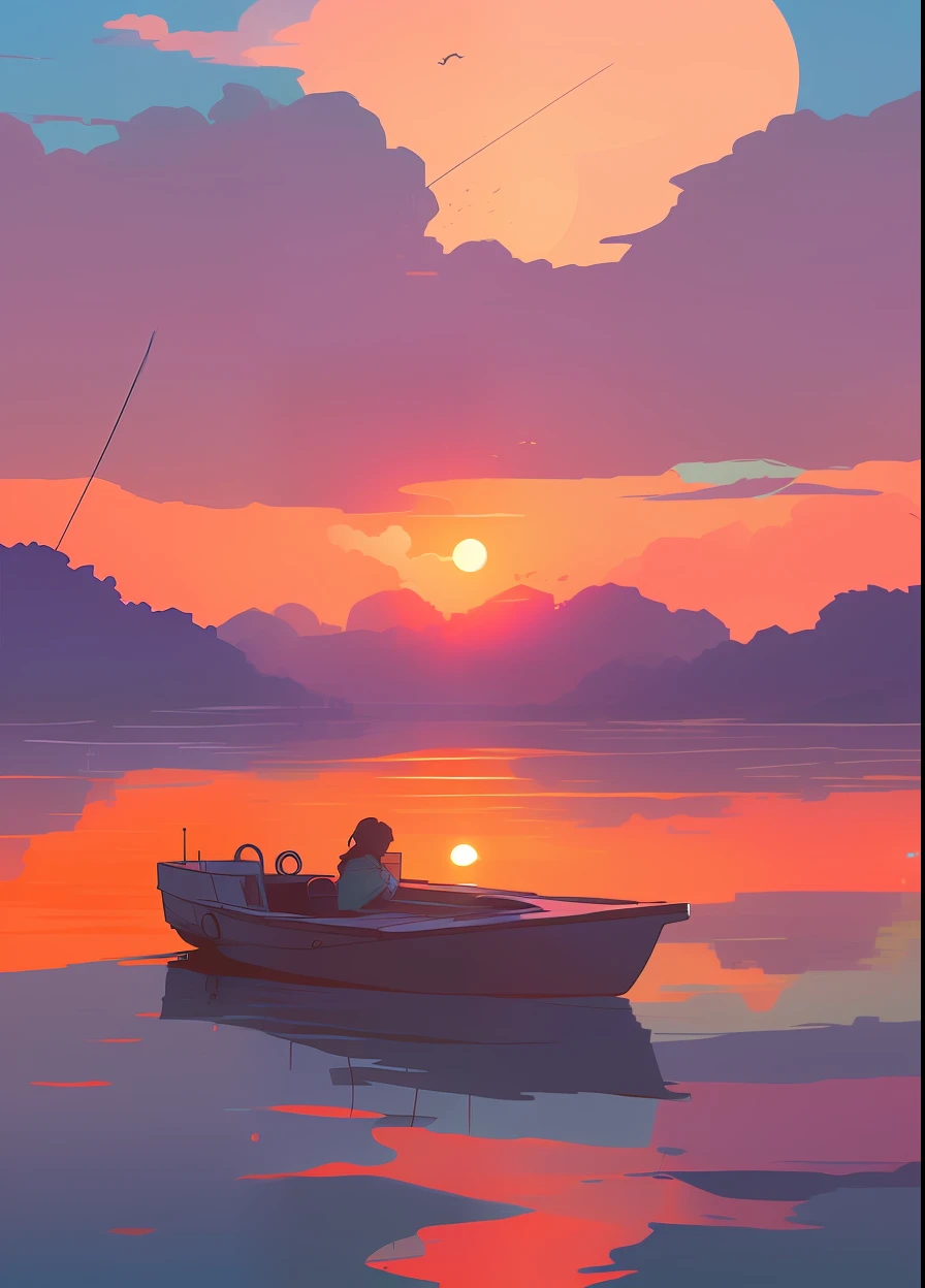 there is a boat that is floating in the water at sunset, in style of atey ghailan, atey ghailan 8 k, by Alena Aenami, by Atey Ghailan, art of alena aenami, by sylvain sarrailh, inspired by Atey Ghailan, style of alena aenami, artistic. alena aenami
