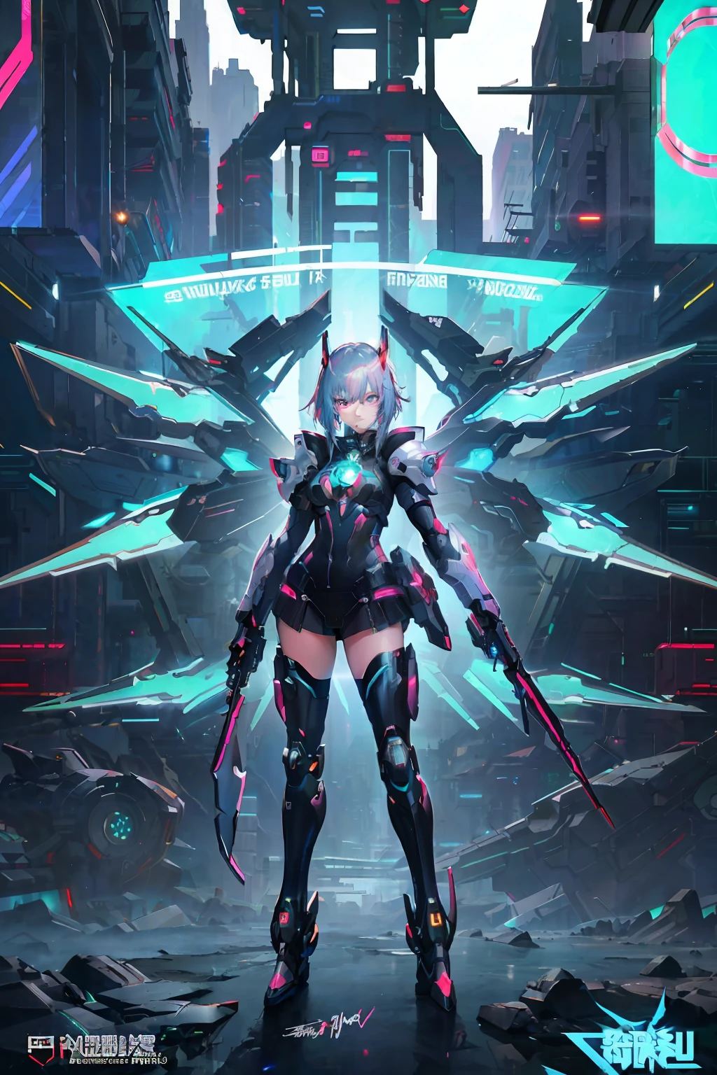 (Cyberpunk anime girl mecha, 8k quality, Guweiz, Russell Dongjun Lu, Ross tran and other well-known artists signature style), construct unique patterns, (detail setting + fluorescent glow) and (digital art special effects + cool network armor) to create a gorgeous cyberpunk future.