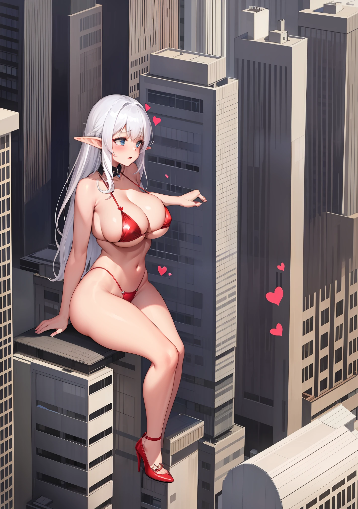 1girl, gtscity, A beautiful girl sitting against a small building as she looks down at tiny people in a tiny city, naked, beautiful, barefoot, detailed, anime style, detailed, elf, red bikini, high heels, white hair, hearts, she fell in love with little guy that standing next to her foot, huge breast, very huge breast, huge ass, very huge ass, sfw, hearts,