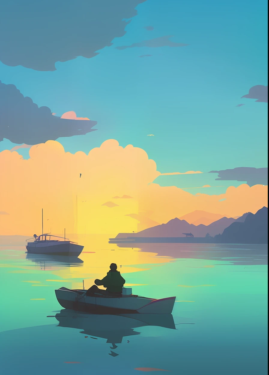 there is a boat that is floating in the water at sunset, in style of atey ghailan, atey ghailan 8 k, by Alena Aenami, by Atey Ghailan, art of alena aenami, by sylvain sarrailh, inspired by Atey Ghailan, style of alena aenami, artistic. alena aenami