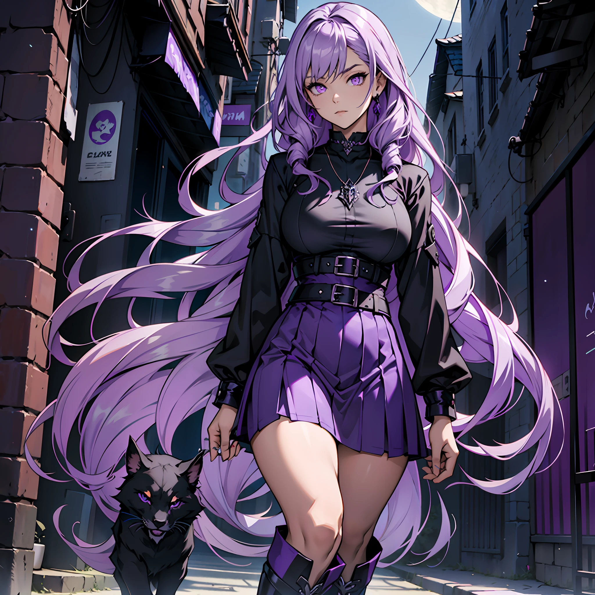 Long purple hair, gothic clothing, black jacket, lilac blouse, large breasts, thin waist, thick legs, purple colored women's boots, silver necklace, purple colored eyes, blue skirt, dark night scenery.