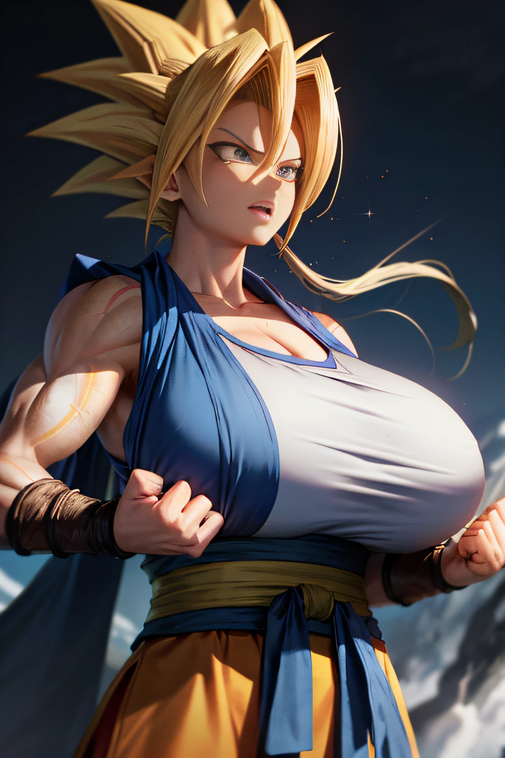 Female son goku, 1girl, beautiful face, (feminime face), angry, battle damage, blonde hair, blue sash, clenched teeth, furious, green eyes, female focus, muscular, muscular female, sash, solo, spiked hair, (super saiyan, super saiyan 3), teeth, topless female, torn clothes, ((masterpiece)), ((huge breast: 1.9))
