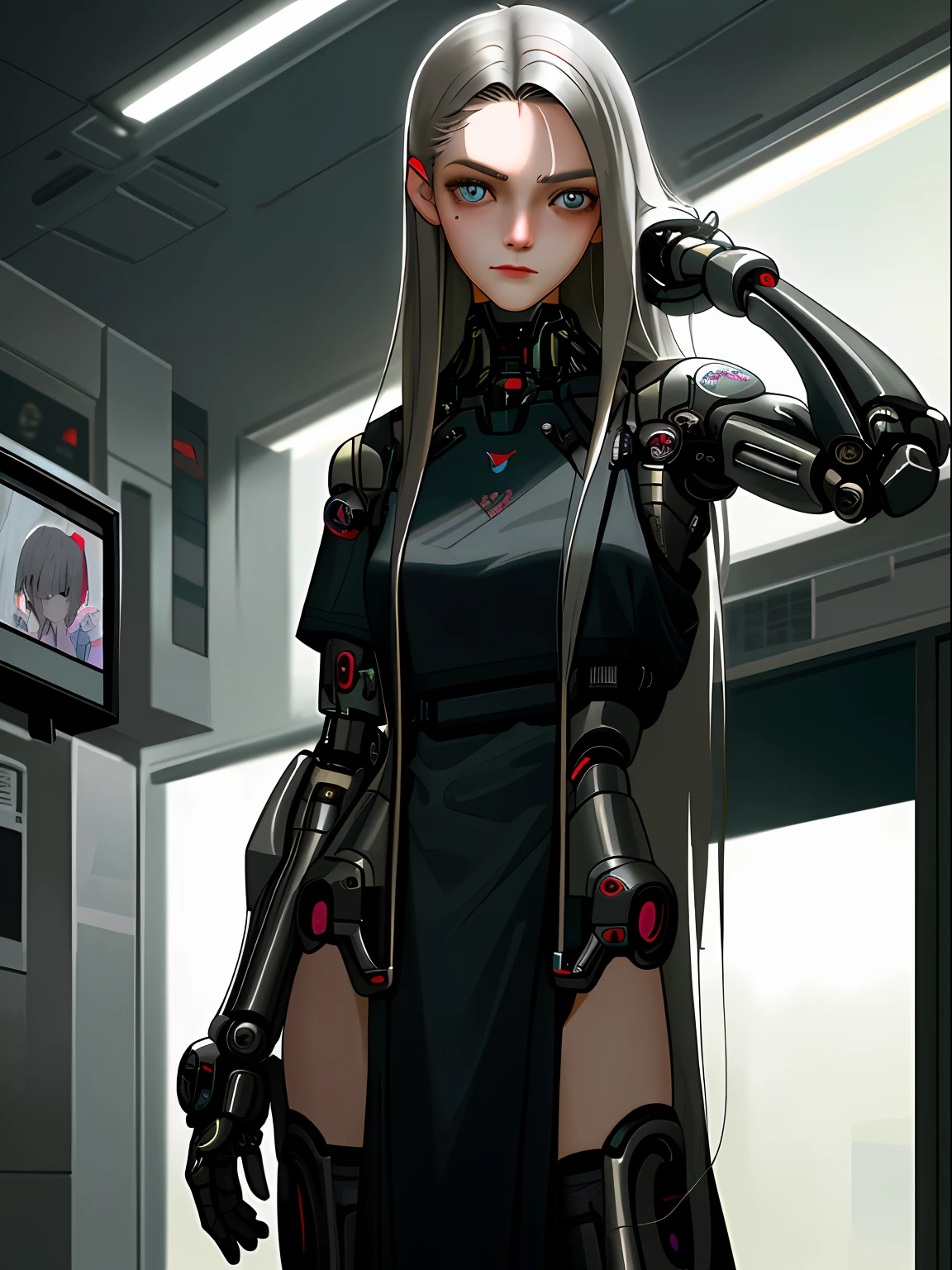 /nsfw (((masterpiece))), movie, realistic, high quality, high detail, correct anatomy, cyberpunk, hospital, intensive care unit, teenage girl, thin, gray hair, asymmetrical hair, (cybernetic prosthetic left arm), highly detailed face and beautiful eyes, full length
