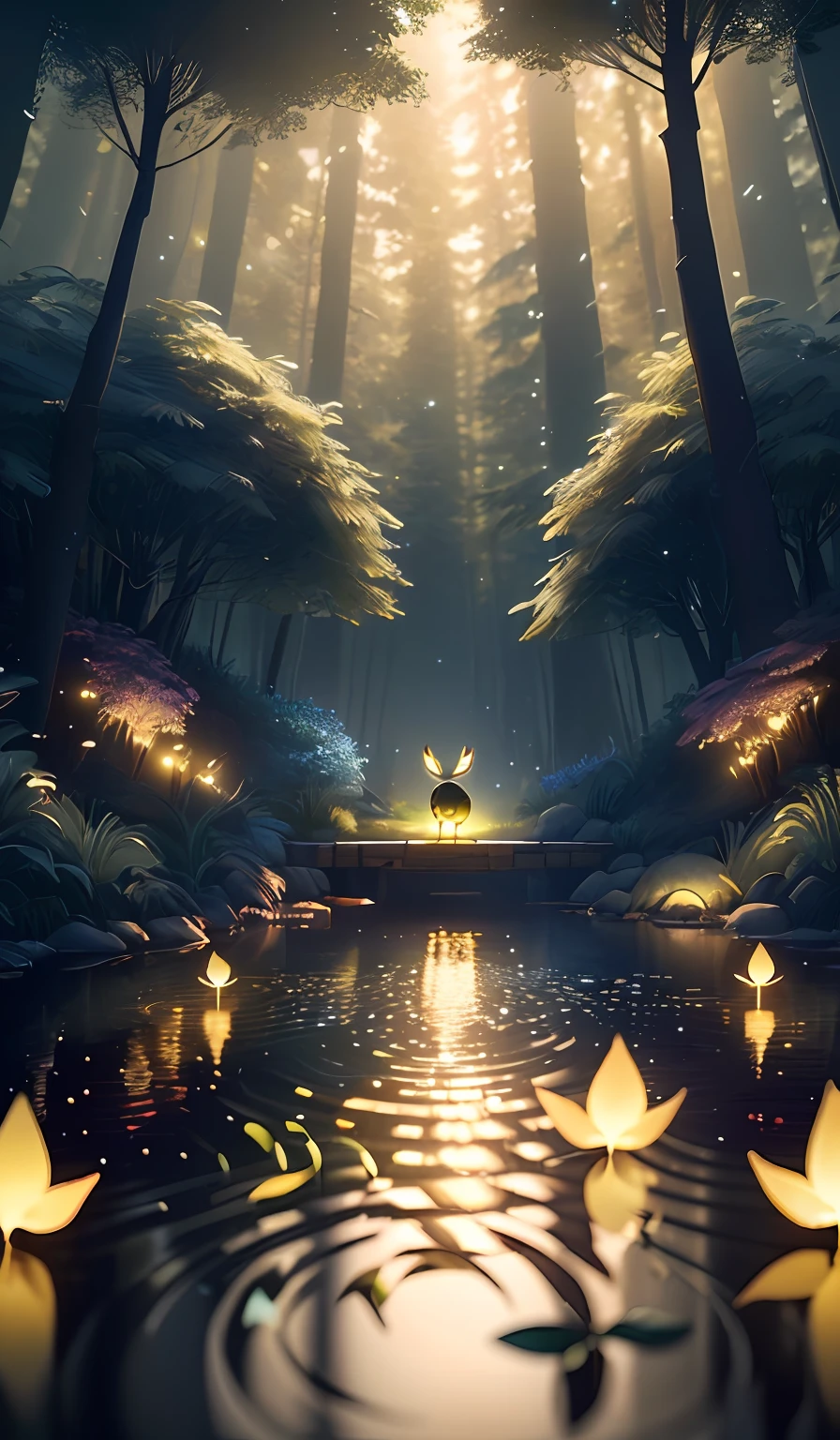 Masterpiece, best quality, (very detailed CG unity 8k wallpaper), (best quality), (best illustration), (best shadows), glow sprite, with a glowing deer, in the swimming pool Drinking water, natural elements in the forest theme. Mysterious forest, beautiful forest, nature, surrounded by flowers, delicate leaves and branches surrounded by fireflies (natural elements), (jungle theme), (leaves), (twigs), (fireflies), (particle effects) etc. 3D , Octane rendering, ray tracing, super detailed