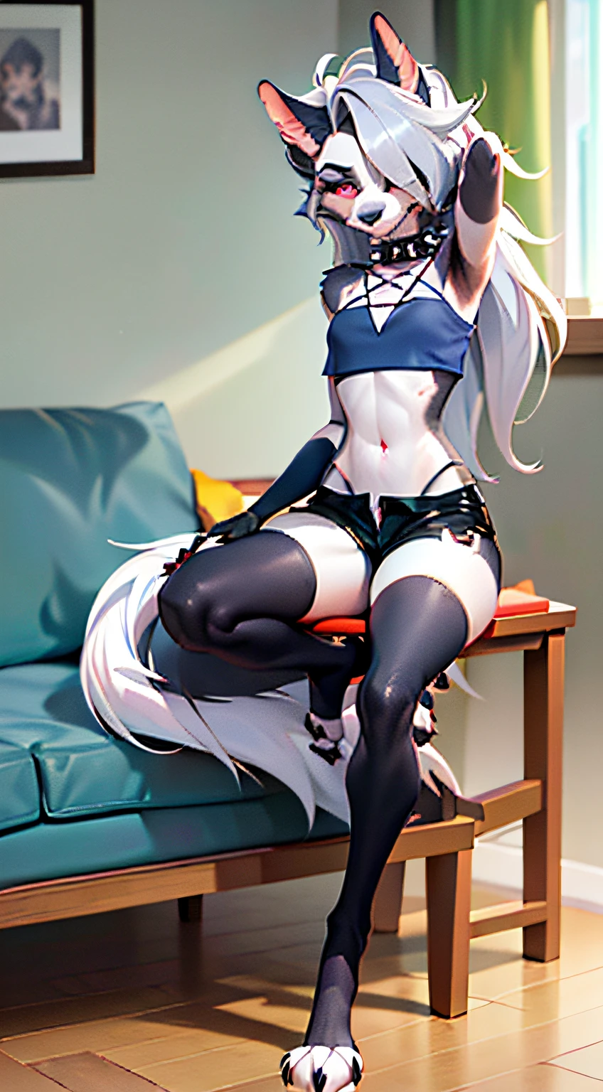 highres, 1girl, (((hair cover one eye, loona shorts, detailed face, spiked collar, pentagram on chest, long legs, bored face, feet, loona tail, room ,indoors, loona gloves, standing and leaning against background))), solo,  crop top,  medium breasts,  full body, tummy, slim waist, big hips, ((((front)))), loona, black thighhighs, furry, fur, anthro, red eyes, paws