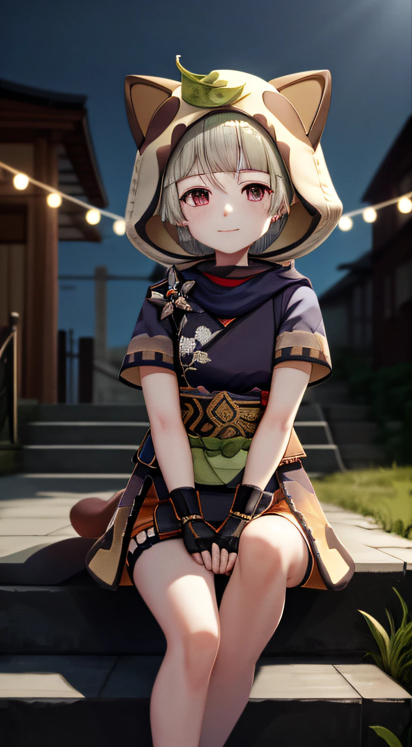 sayudef, full body, smile, blush, outdoors, daytime, simple background, blue sky, short hair, sky, temple, looking at the audience, sitting on the stairs, village, moody lights,