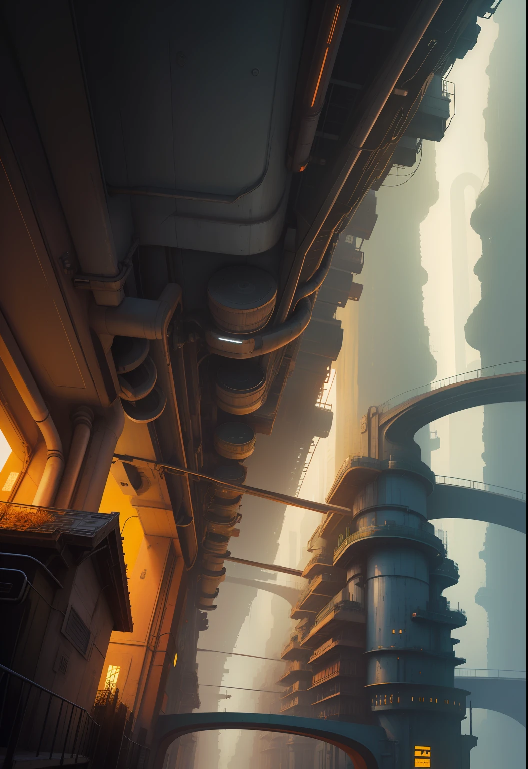 sci-fi cyberpunk city, bridges, deep ravine rift in the middle, terraced streets, reactors, breeder, oil refinery, cars, sunny days, industrial architecture, masterpiece, best quality, high detial, hyper realistic