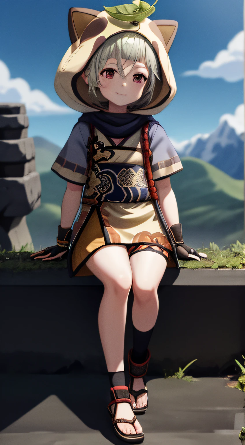 sayudef, full body, smile, blush, outdoors, day, simple background, blue sky, short hair, sky, temple, looking at viewer, sitting on stairs, mountain, moody lighting,