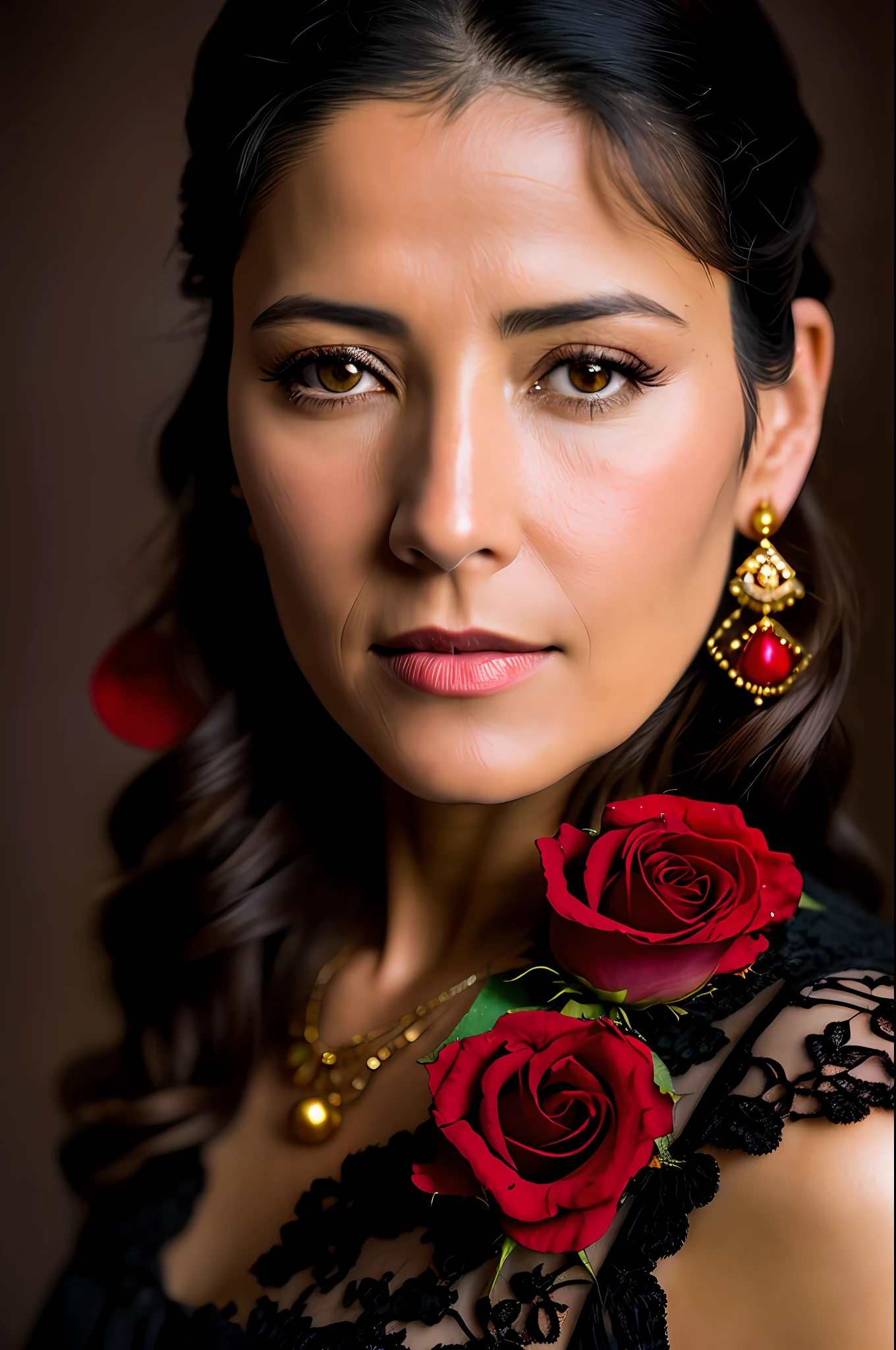 8k, RAW photo, Fujifilm, style photo of a beautiful 45 year old woman, square face, a red rose on the neck, wearing black lace dress with red, golden earrings, features like a maria padilla, (highly detailed skin: 1.2), medium brown loose hair with lights, film grain, 35mm, cute style