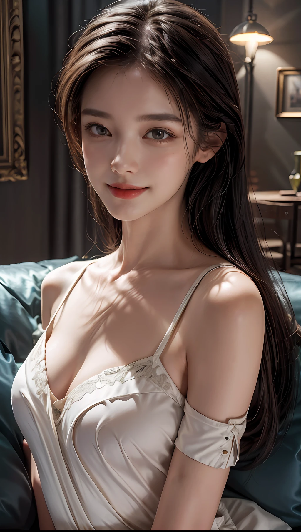 ((Night Scene, Realistic Light, Best Quality, 8k, Masterpiece: 1.3)), 1girl, Pretty woman with a slim figure: 1.4,big smile, (Black hair, medium breasts: 1.3), off-the-shoulder cut top: 1.3, sofa, super detailed face, detailed eyes, double eyelids