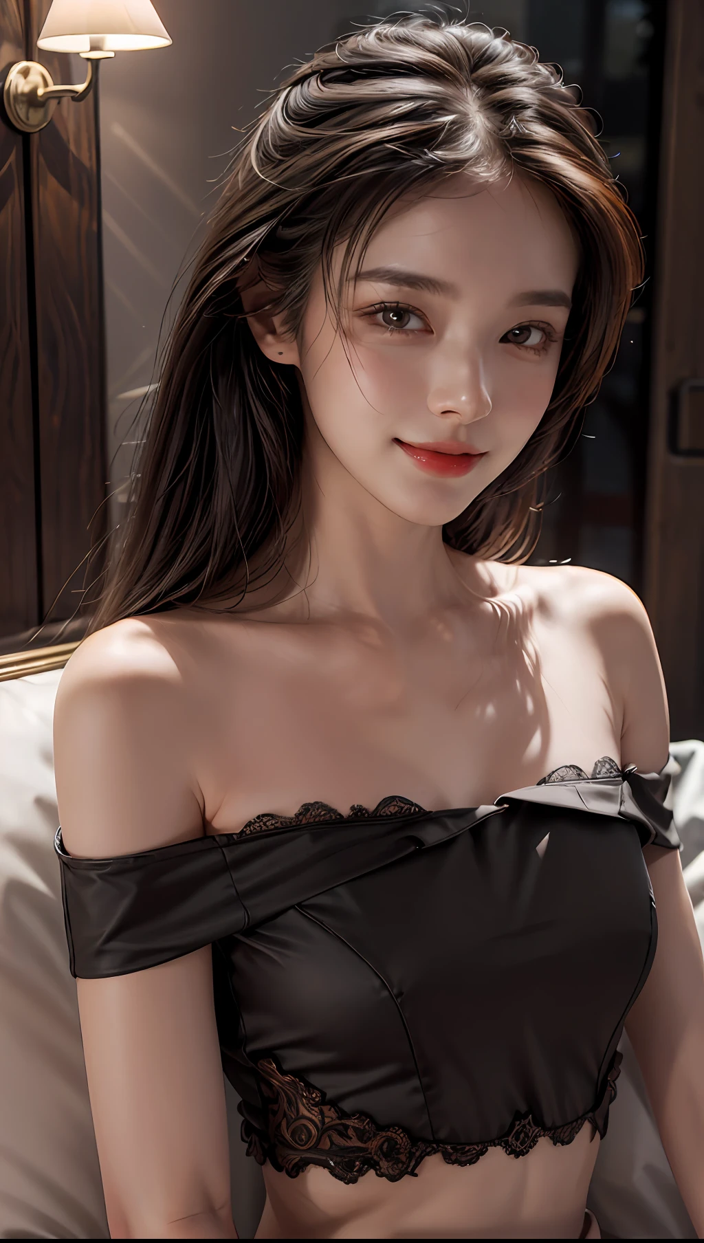 ((Night Scene, Realistic Light, Best Quality, 8k, Masterpiece: 1.3)), 1girl, Pretty woman with a slim figure: 1.4,big smile, (Black hair, medium breasts: 1.3), off-the-shoulder cut top: 1.3, sofa, super detailed face, detailed eyes, double eyelids