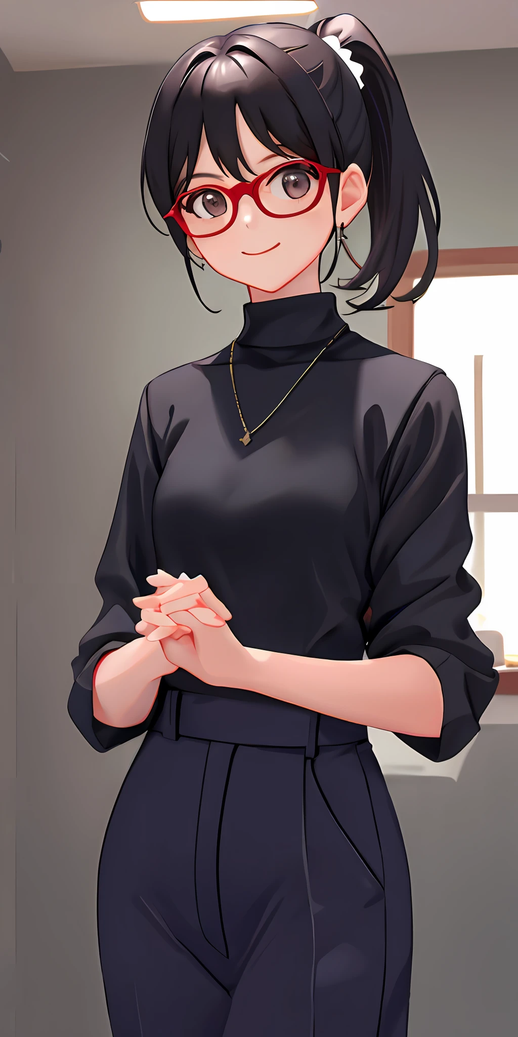 masterpiece, best quality, American clothes, 1girl, solo, ponytail, widesmile, eyeglasses, 1girl, short hair, black turtleneck, holding hands