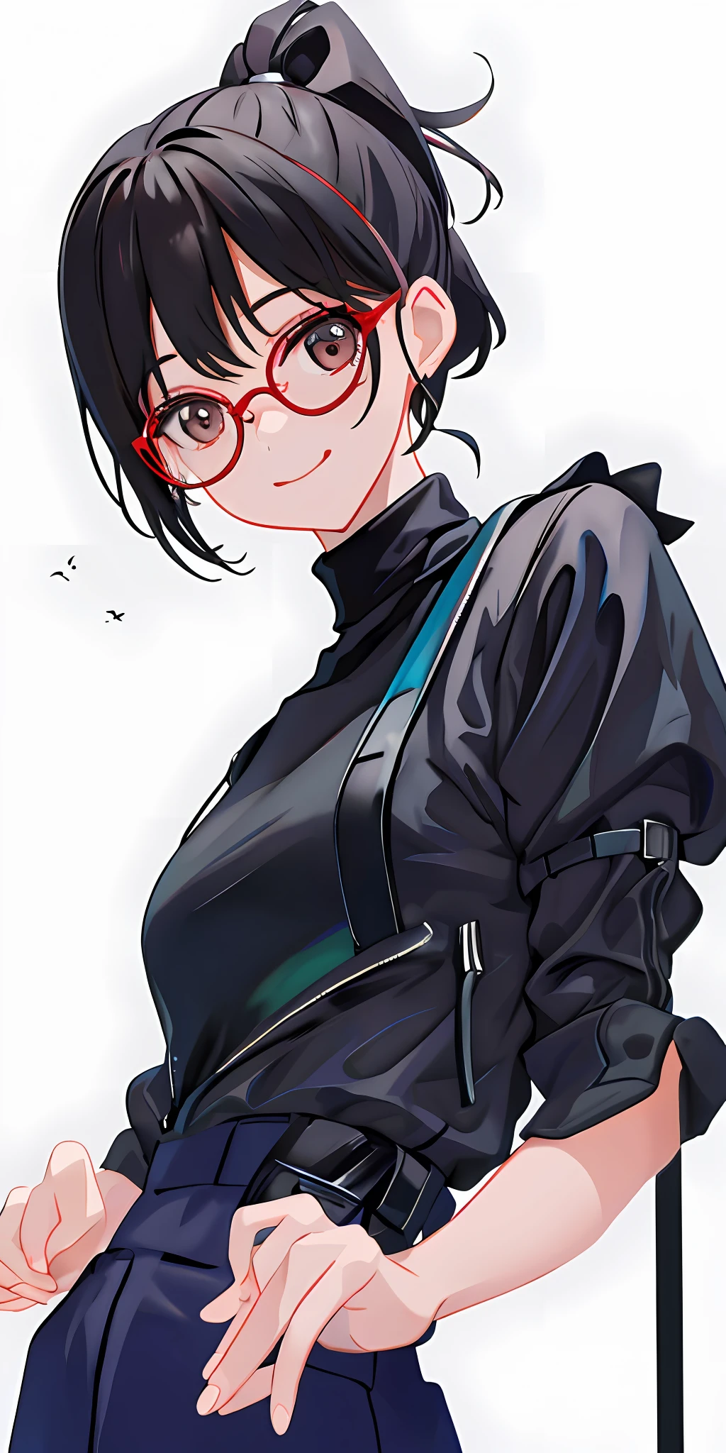 masterpiece, best quality, American clothes, 1girl, solo, ponytail, widesmile, eyeglasses, 1girl, short hair, black turtleneck, holding hands
