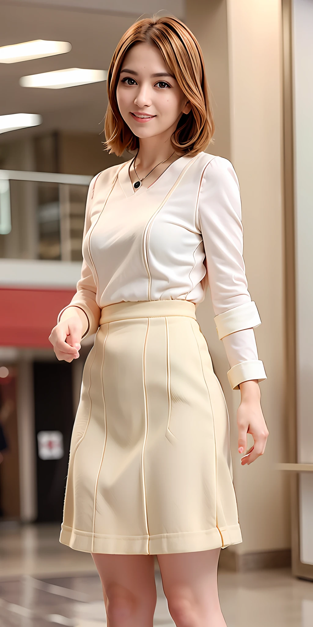 (shopping mall:1.5), blonde bangs, short hair, brown eyes, 1girl, doctor, stethoscope around neck, smile, innocent, 100mm lens, (photorealistic), looking at the audience, as a doctor, (intricate details: 1.2), (masterpiece, :1.3), (best quality: 1.4), (ultra highres:1.2), ultra high res, (detailed eyes), (detailed facial features), HDR, 8k resolution, (Stethoscope), Vista, Reflection floor, (lens flare: 0.7), Turn, (Chanel skirt: 1)